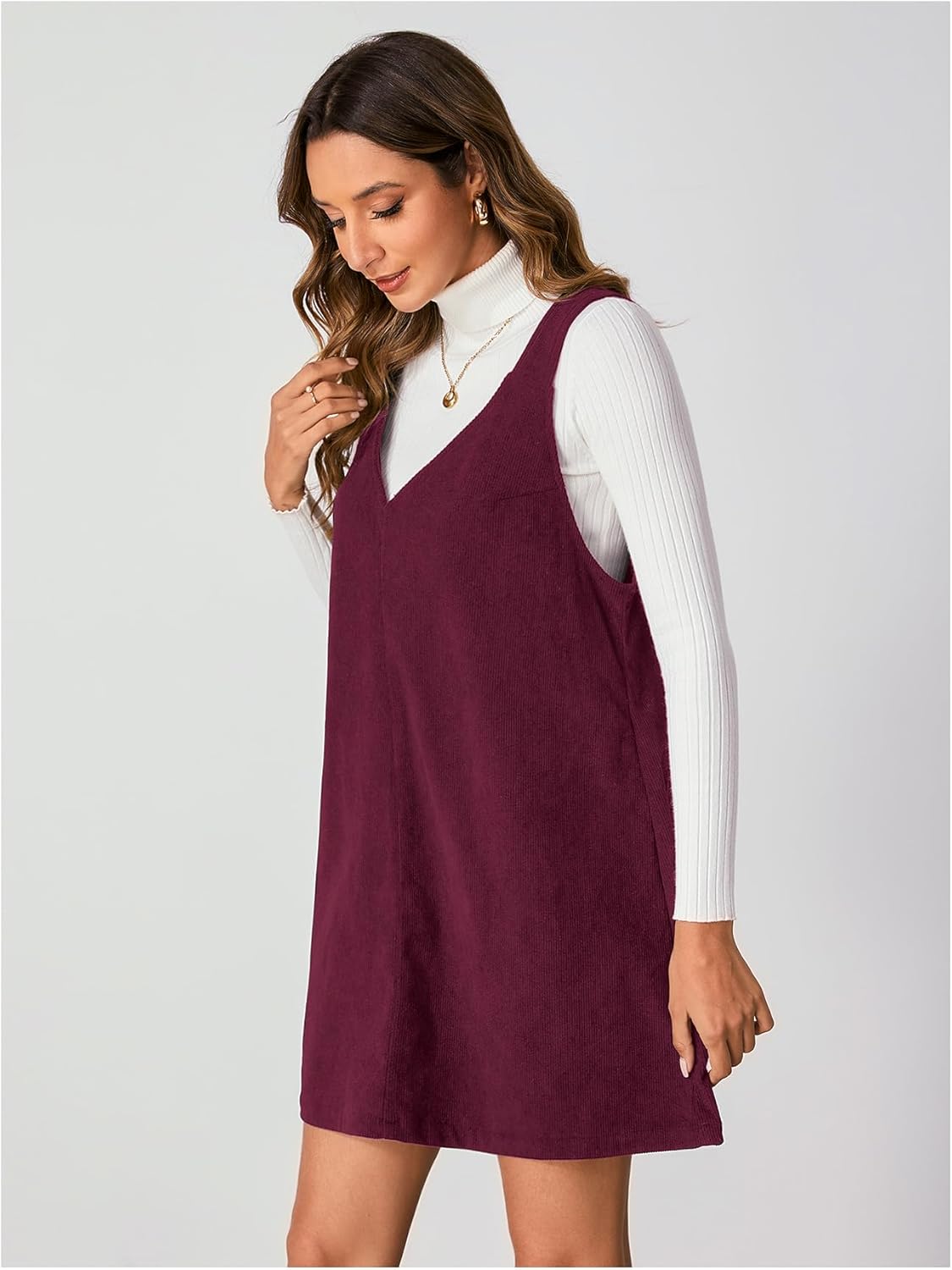 Milumia Women V Neck Corduroy Overall Dress 2025 Fall Mini Pinafore Jumper Dress - Image 6