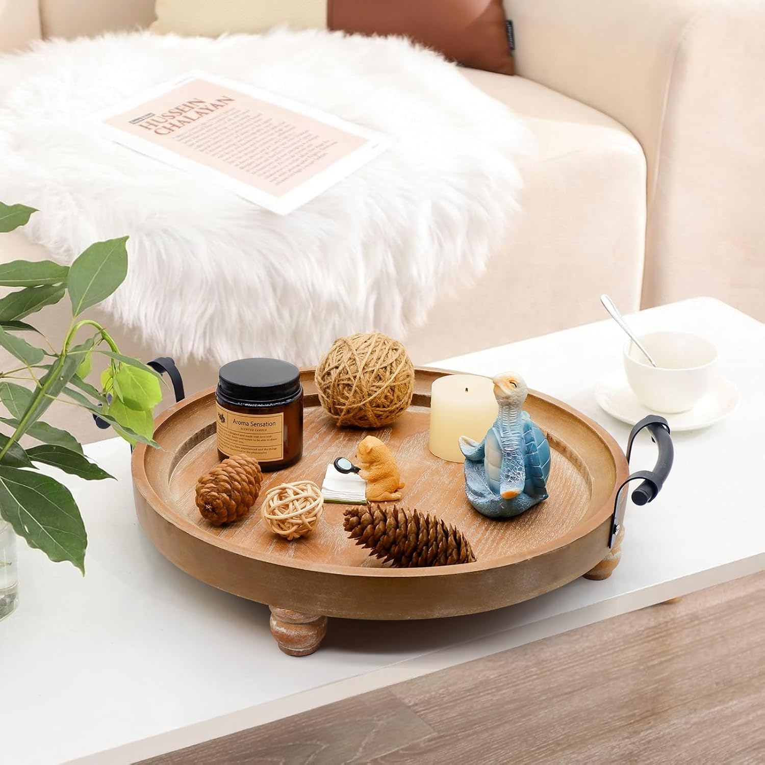 Wooden Decorative Tray for Coffee Table, Round Wood Serving Tray with Metal Handles, 13 Inch Rustic Wood Trays for Tale Centerpiece, Home Kitchen Farmhouse Decor - Image 7