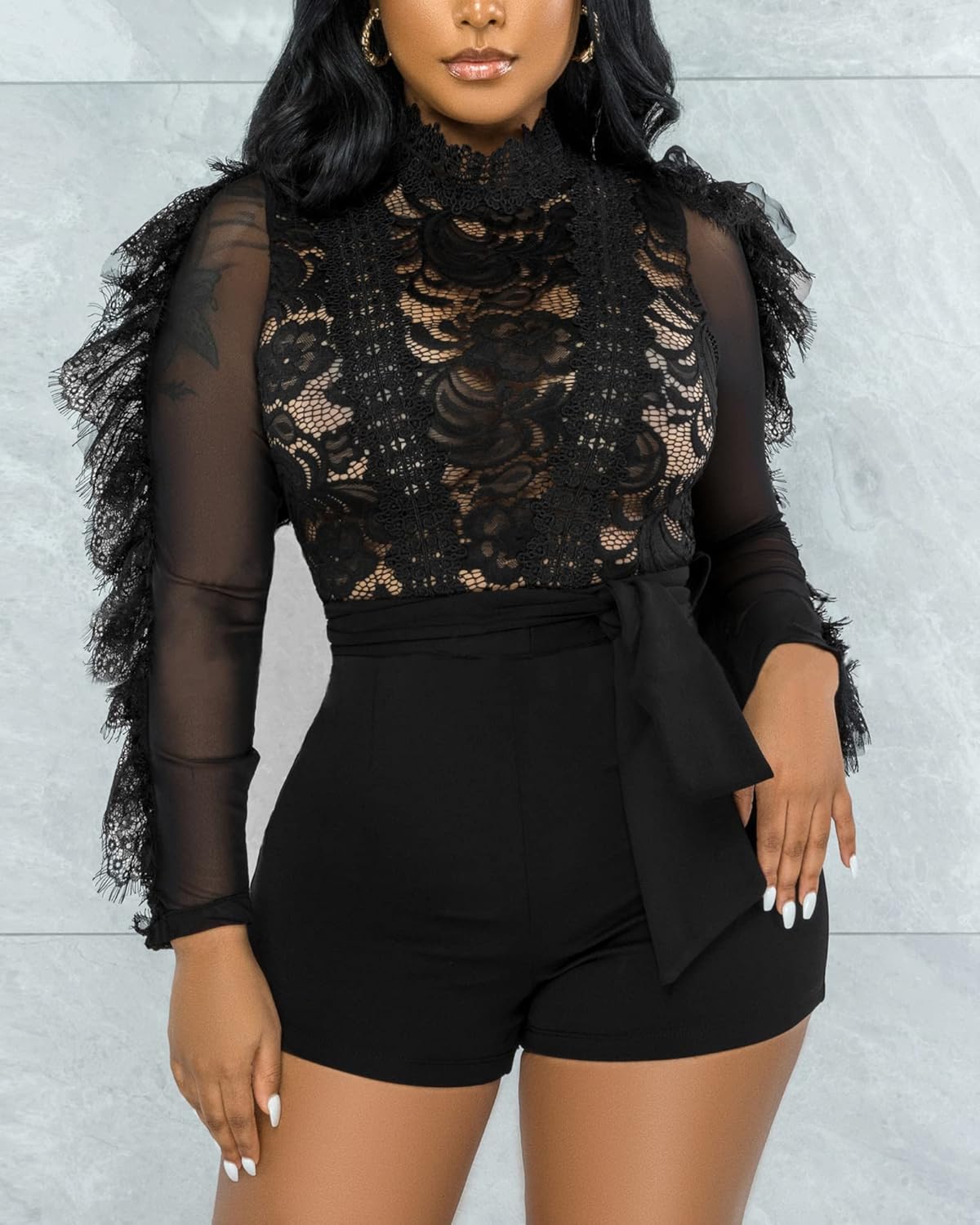 MKQW Sexy Lace Jumpsuit for Women Bodycon Long Sleeve Ruffle Mesh See Short Club Party One Piece Rompers Bodysuit - Image 2