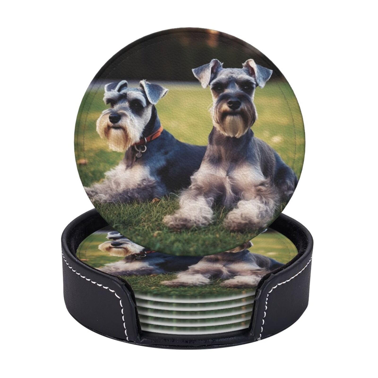 6Pcs PU Leather Coaster for Drinks, Adult Schnauzer Dogs Cup Coasters with Holder, Aesthetic Drink Coasters for Coffee Table, Round Coaster for Tabletop Protection 4" Cup Mat Pad