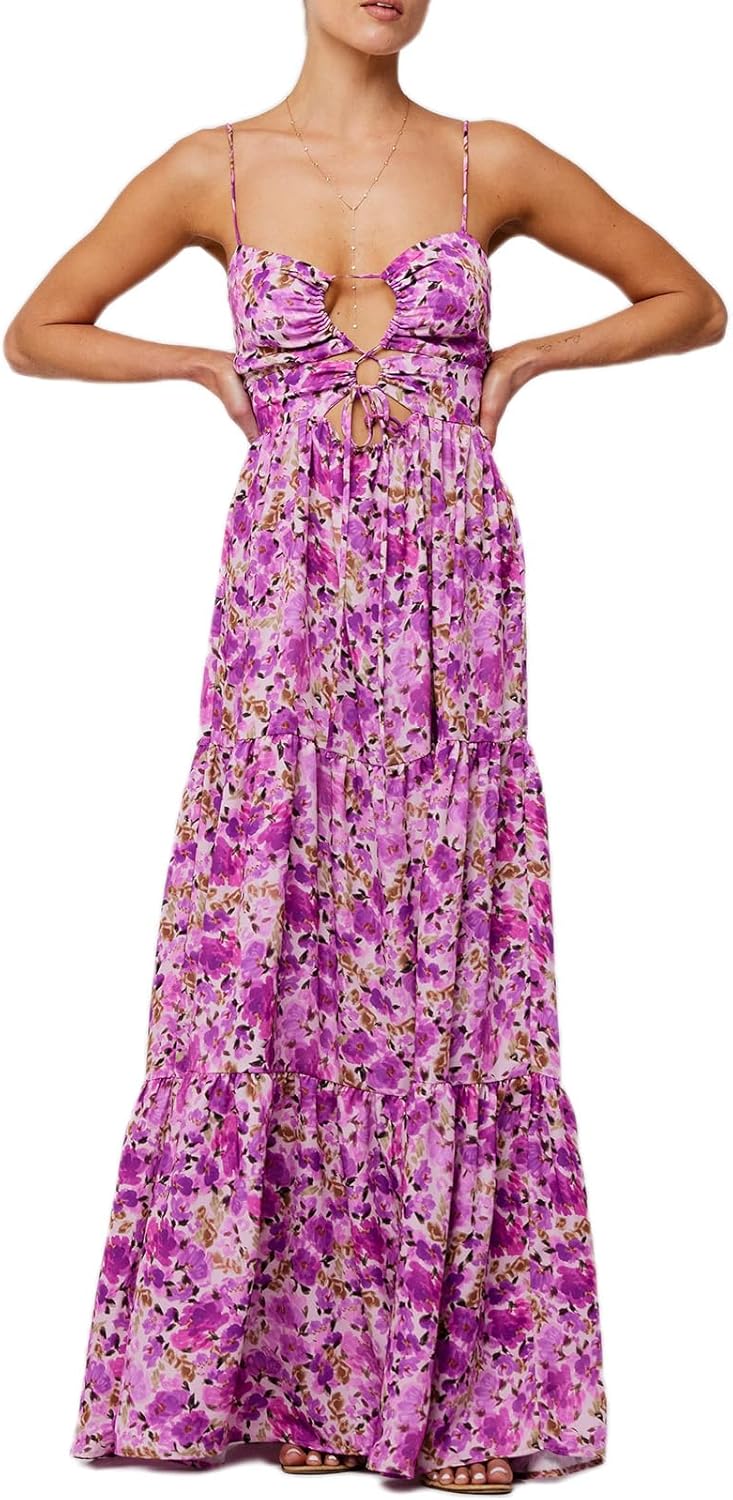 Womens Vintage Floral Long Dress Y2k Spaghetti Strap Tie Back Hollow Out Maxi Dress Summer Beach Party Sundress