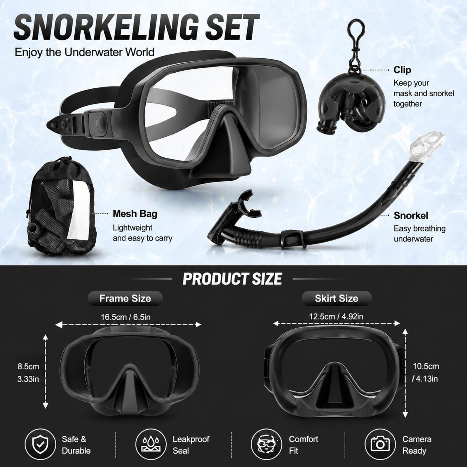 Set Snorkeling Per Adulti,Maschera Senza Cornice Con Vista Panoramica,Lente In Vetro Temperato Antiappannante,Boccaglio Asciutto Pieghevole, Attrezzatura Da Viaggio Portatile Con Borsa
