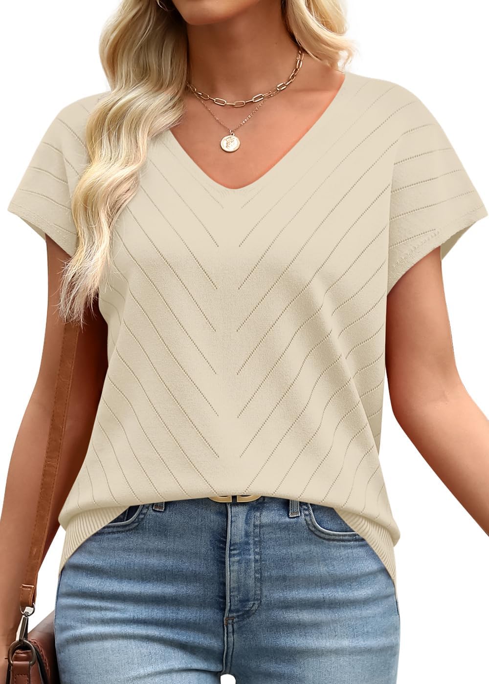 WIHOLL Short Sleeve Sweater for Women V Neck Trendy Summer Tops 2026 Beach Vacation Clothes Travel Business Casual Outfits thumbnail