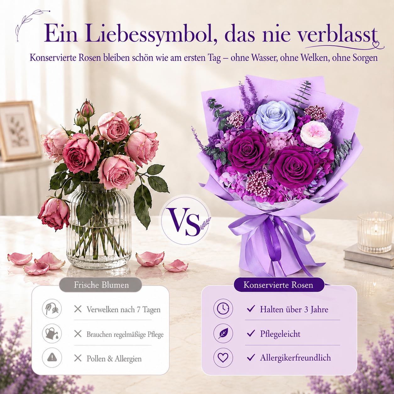 Ewiger Blumenstrauß Dunkellila, konservierte Rosen, für Frauen Mama | Echte konservierte Rosen,jahrelang haltbar; mit Geschenkbox; zum Muttertag, Geburtstag, Jahrestag für Mama, Oma, Ehefrau