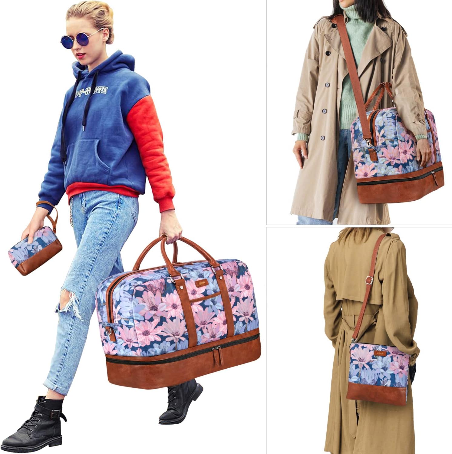 Weekender Bag for Women, Large Overnight Bag Canvas Travel Duffel Bag Carry On Tote with Shoe Compartment 21" 3Pcs Set - Image 6