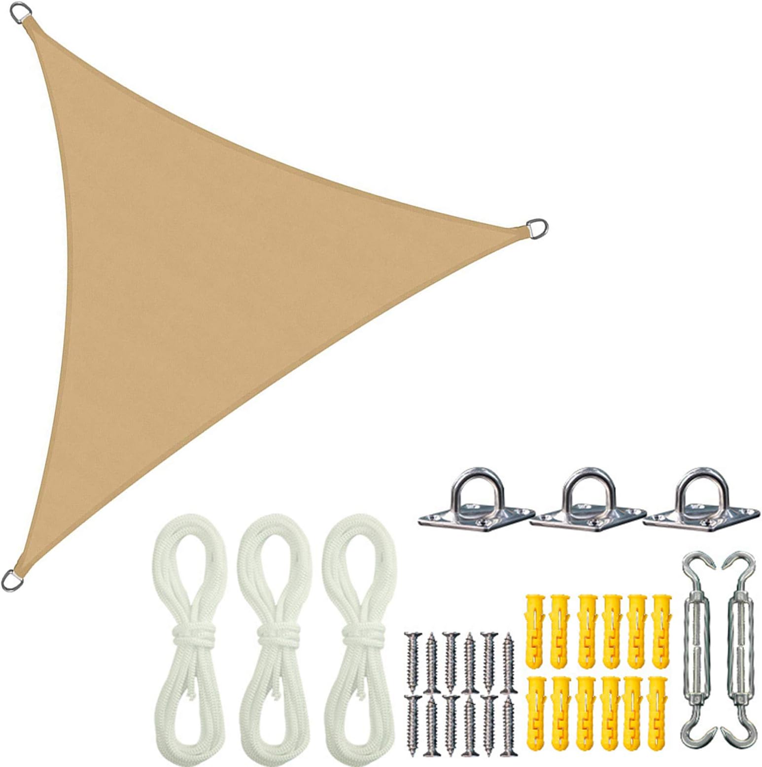 HWOEK Triangle Sun Shade Sail, Anti-UV Waterproof Outdoor Patio Garden Party Sunscreen Awning Canopy Sunsail with Free Rope,Beige,5x5x5m