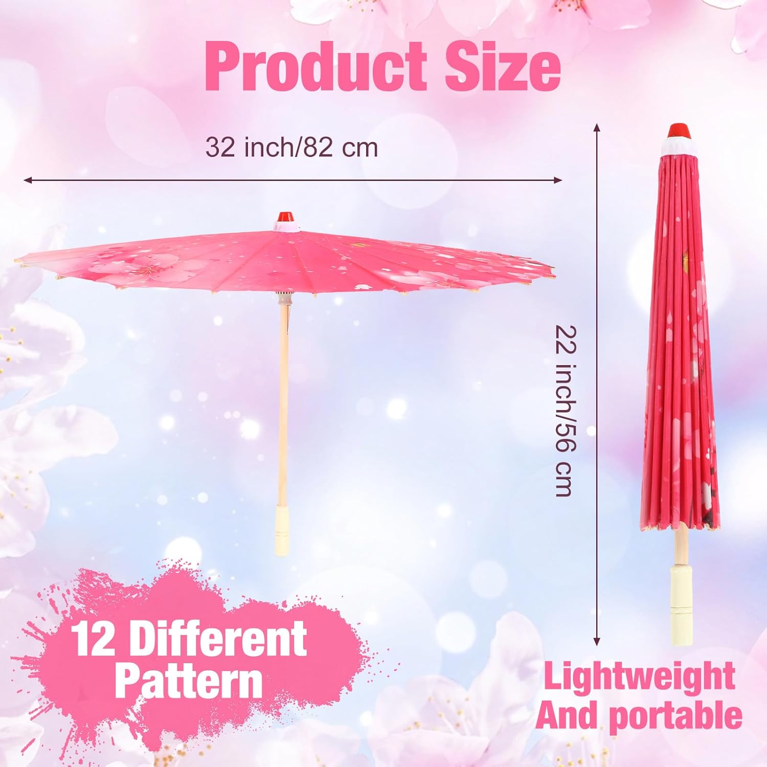 12 Pcs Chinese Oiled Paper Umbrella for Weddings 32 Inch Bamboo Silk Chinese Japanese Parasol Flower Art Dance Umbrella for Bridal Showers Favor Photography Costumes Props(Rose Red,Vibrant)