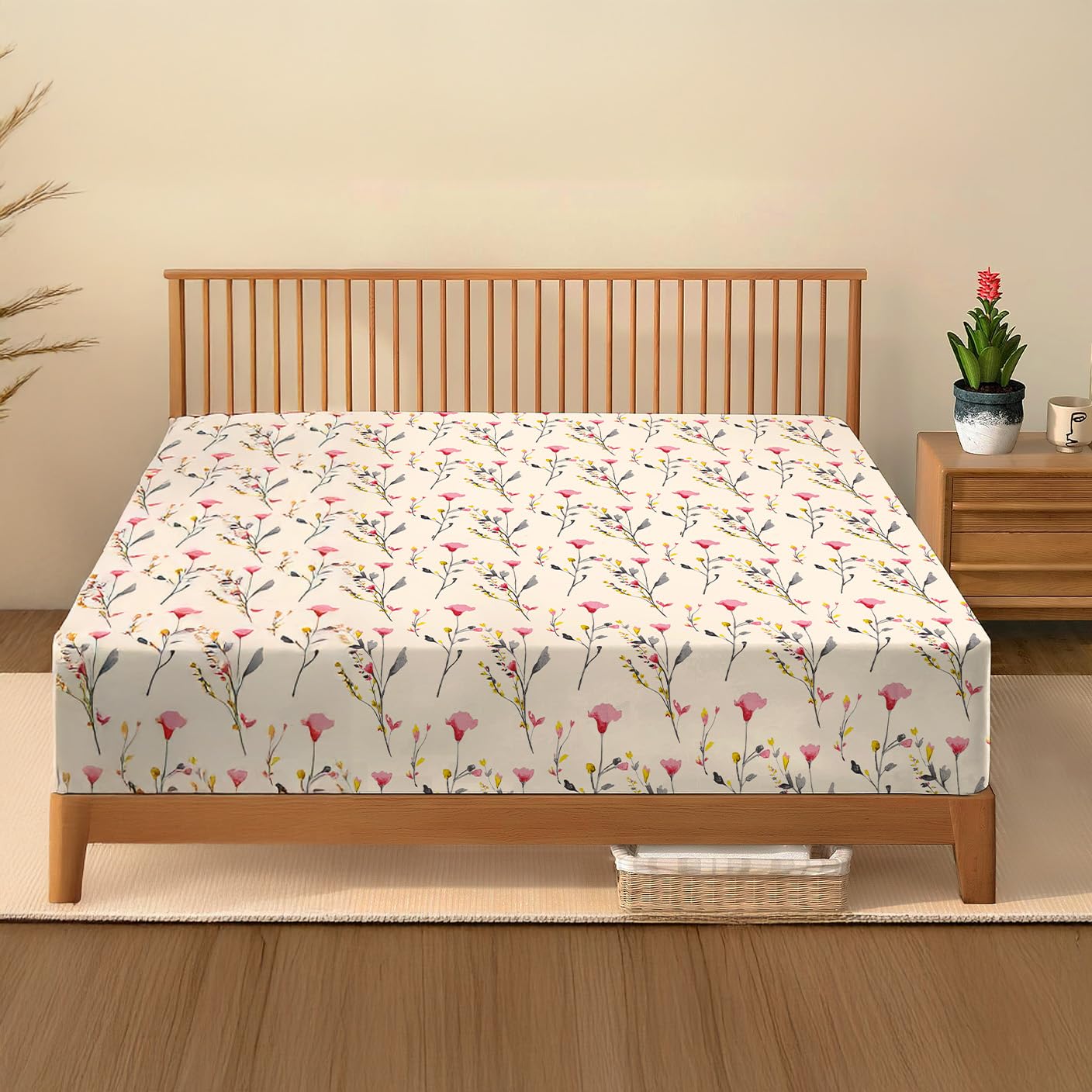 DANYDude 100% Egyptian Cotton Floral Printed Single Fitted Sheet 400 Thread Count Fitted Sheets Single Soft & Machine Washable 30cm/12” Extra Deep Fitted Bed Sheets Room Decor