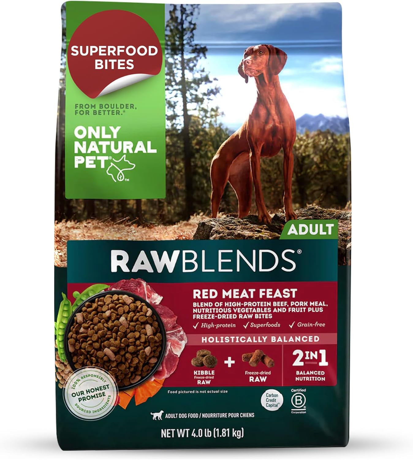 Only Natural Pet Raw Blends Infused Grain Dog Food, High Protein All-Natural Whole Ingredients & 100% Raw Meat Bites, Red Meat Feast, Low Phosphorus, Dehydrated Mix for Large Breed & Picky Eaters, 4lb