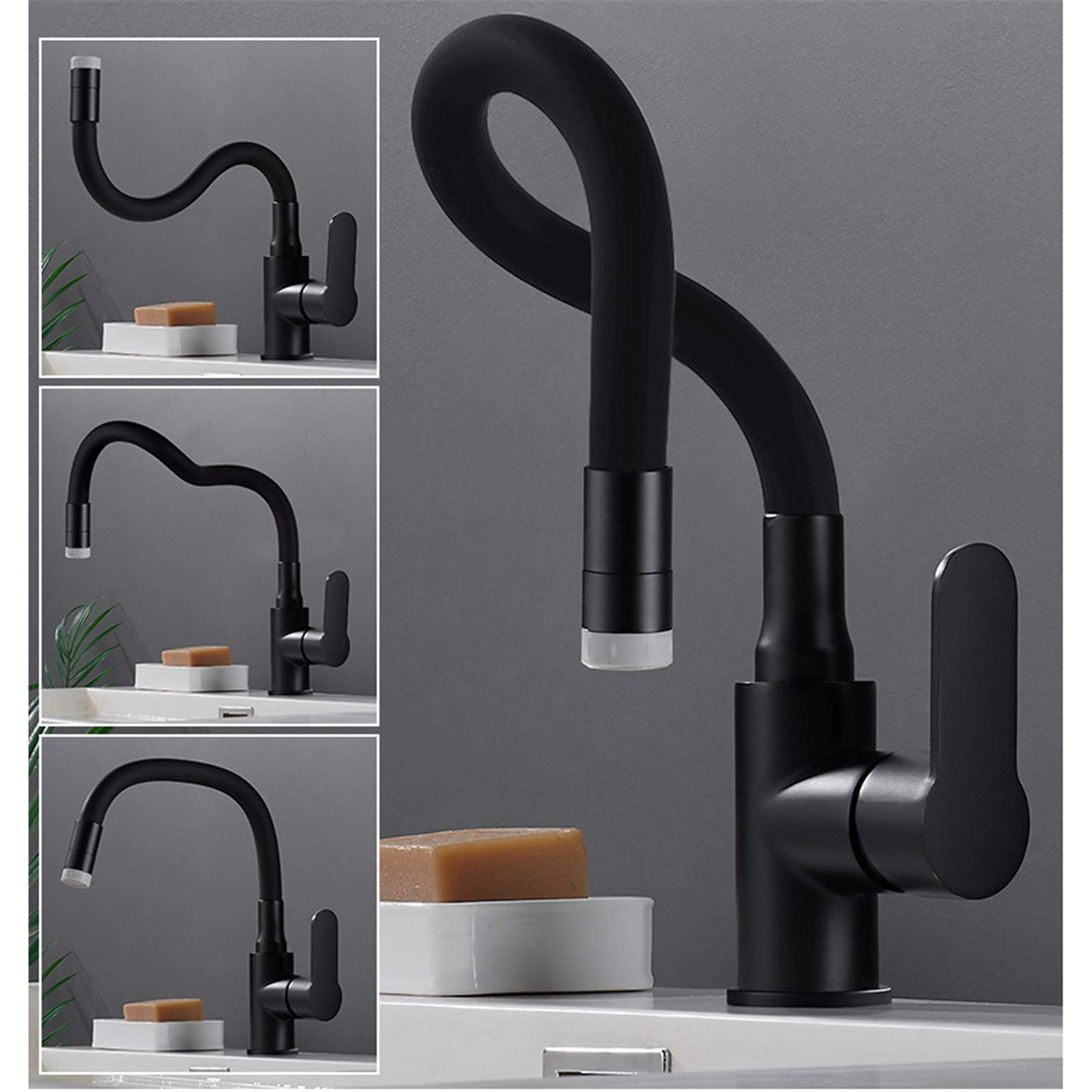 Kitchen Tap 360°Rotation, Basin Mixer Tap for Kitchen Sink, Adjustable Swing Arm Kitchen Sink Tap Hot and Cold Water Sink Taps, 360°Swivel Sink Mixer Spout Faucet, Single Handle, Solid Brass (Black)