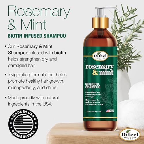 Miniatura 3 de Difeel Champú fortalecedor de menta y romero con biotina, 33.8 onzas, hecho con aceite de romero natural para el crecimiento del cabello