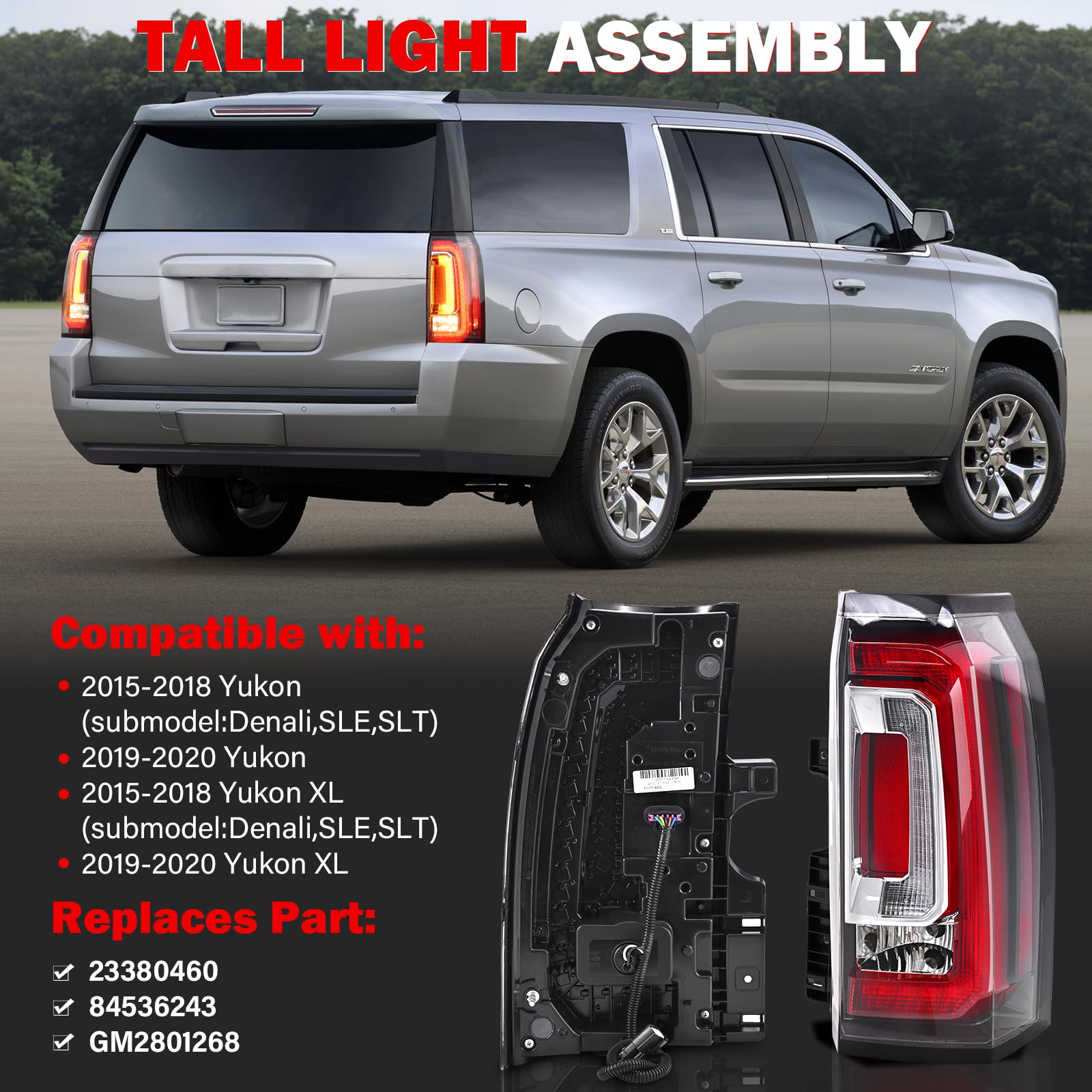 SHINEHOME LED Tail Lights Assembly Compatible With 2015 2016 2017 2018 2019 2020 GMC Yukon XL Tail Lights Right Passenger Side Rear Taillights With Bulb Replaces 23380460 84536243 GM2801268
