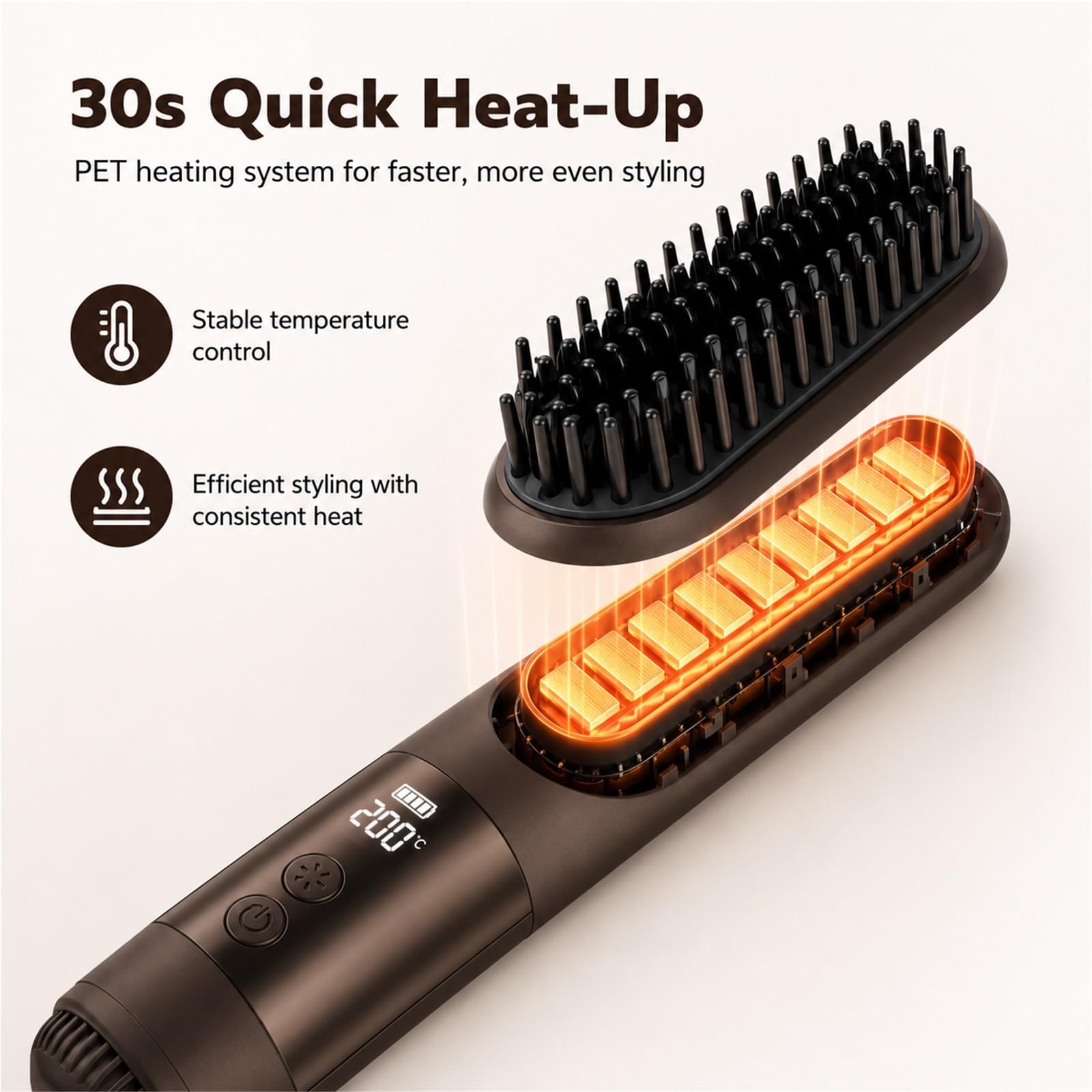 Cepillo Alisador de Pelo Inalámbrico 2026, Plancha de Pelo Portátil con Calentamiento Rápido Cerámico Iónico, 3 Niveles de Calor y Control de Frizz para Viajes