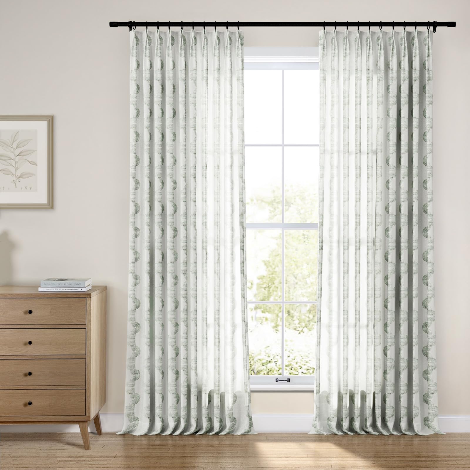 TWOPAGES Pinch Pleat Drape Spiral Pattern Embroidered Curtain Window Treatment for Kids Room Bedroom, Linen Cotton Light Filtering Curtain (Spring Green, 52W x 63L Inches, 1 Panel)