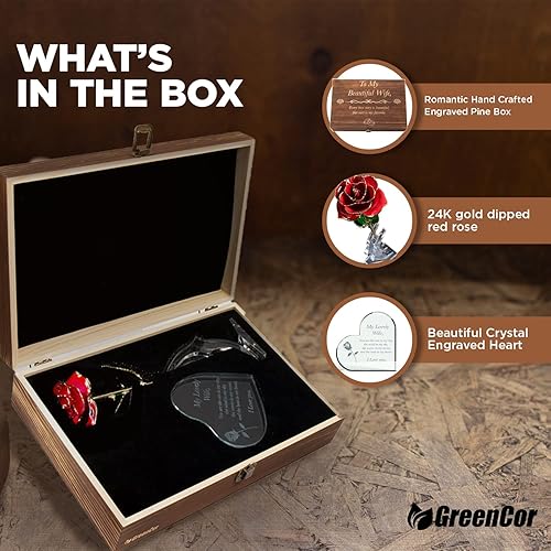 Miniatura 3 de Juego de regalo de madera grabado para aniversario para esposa, con texto en inglés "To My Beautiful Wife", incluye corazón grabado en cristal de