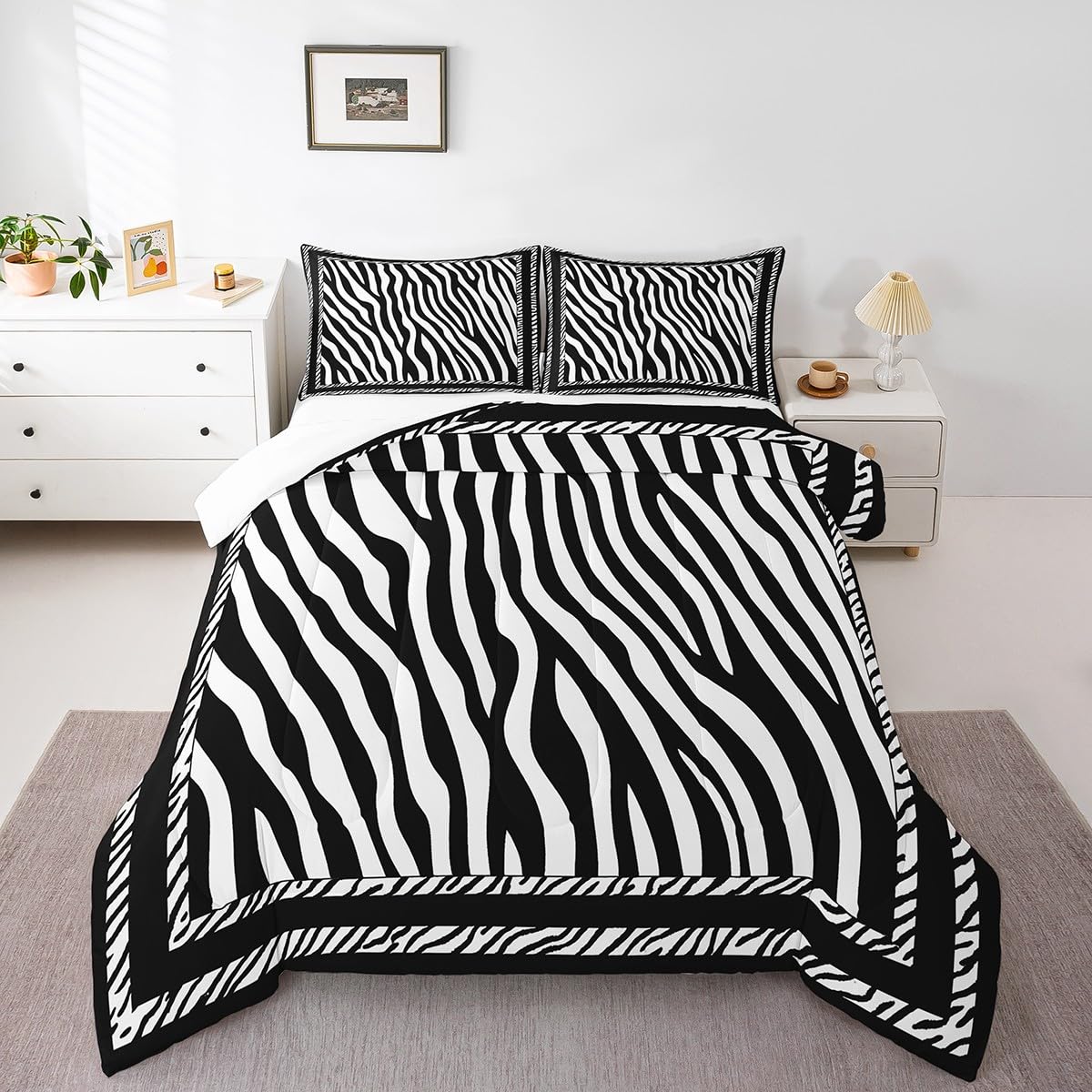 Manfei Zebra Print Comforter Set King Size, Wild Animal Skin Print Bedding Set 3pcs for Kids Boys Girls Bedroom Decor, Black and White Quilt Set Soft Polyester Duvet Set with 2 Pillowcases
