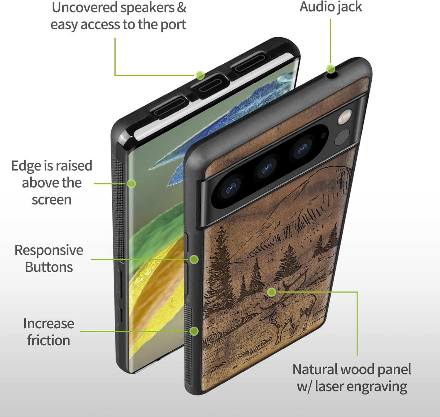 Carveit Wood Case for Pixel 8 Pro Case [Natural Wood & Black Soft TPU] Shockproof Protective Unique Wooden Cover Compatible with Google Pixel 8 Pro (Mountains and Deer-Walnut)