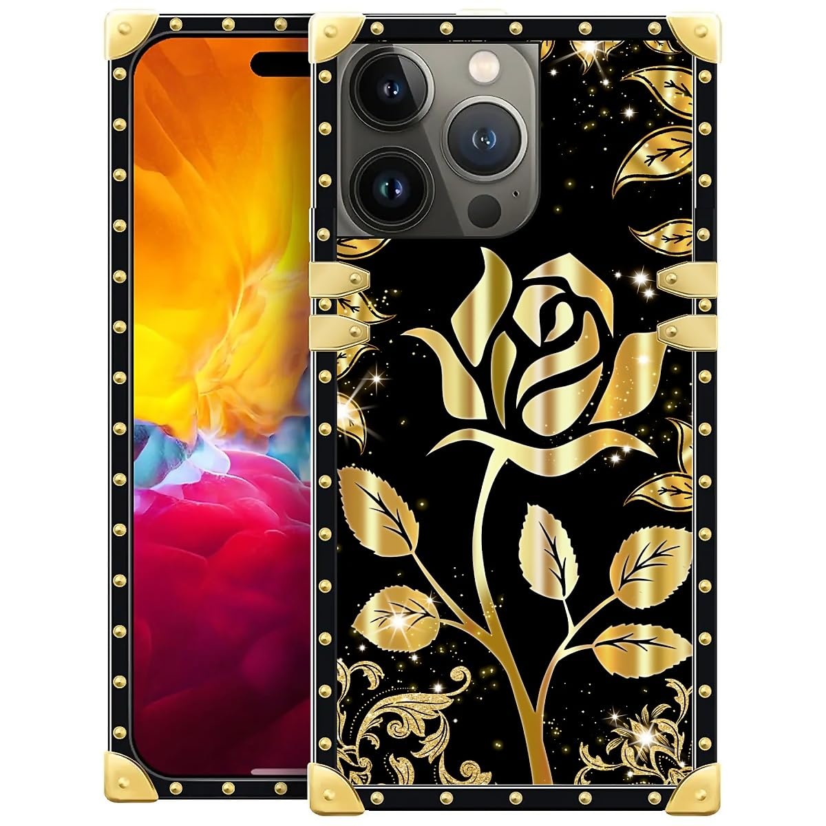 WANKBLC Compatible with iPhone 15 Pro Case, Shine Gold Rose Luxury Golden Decoration for Girl Women Soft TPU Shockproof Protective Hard PC Back for