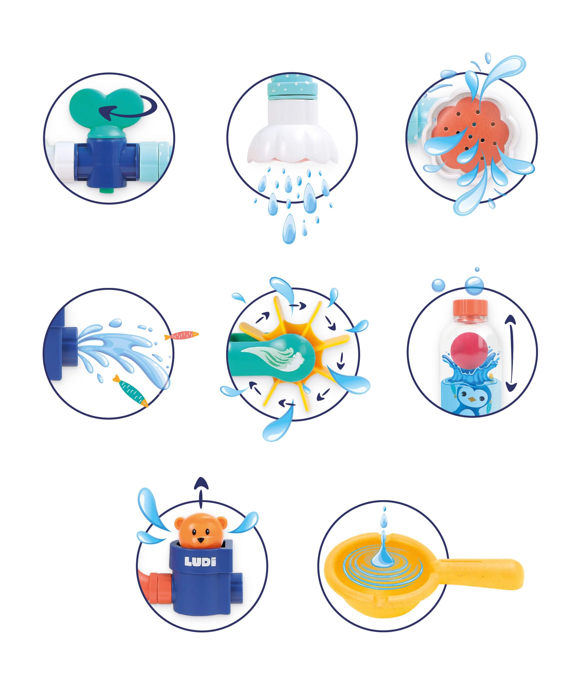 Ludi - Tuyaux d'eau XXL - Jeu De Construction Aquatique - Grand Circuit - Dès 18 Mois - pour Occuper Bébé Pendant Son Bain - Imagination Et Dextérité - 16 Pièces Interchangeables - Fixation Ventouse