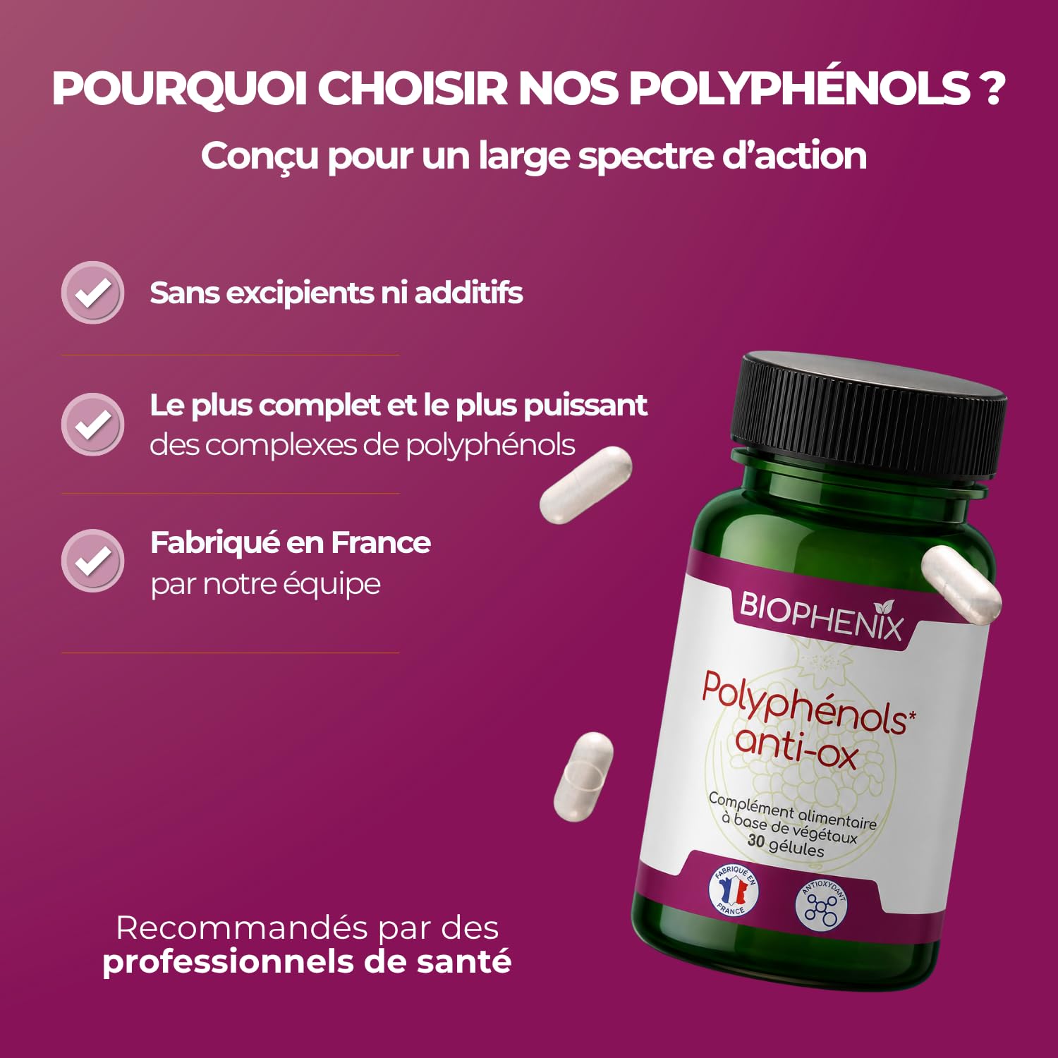 Biophénix - Polyphénols Anti-Ox 30 Gélules - Complément 100% Naturel à Base de Végétaux - Antioxydant, Anti-Inflammatoire,Anti-Vieillissement Vitamine E - Fabriqué en France - 2 Gélules/Jour