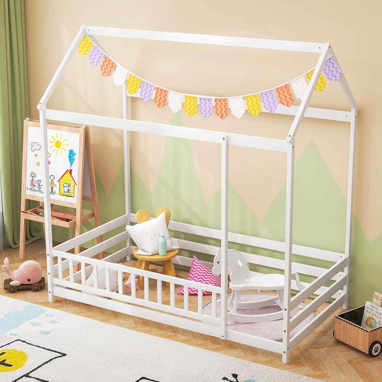 MAT EXPERT Twin House Toddler Bed with Fence, Montessori Bed with High Fence & Safety Guardrails, Wooden Floor Bed with Roof Design for Boys and Girls Bedroom (White)