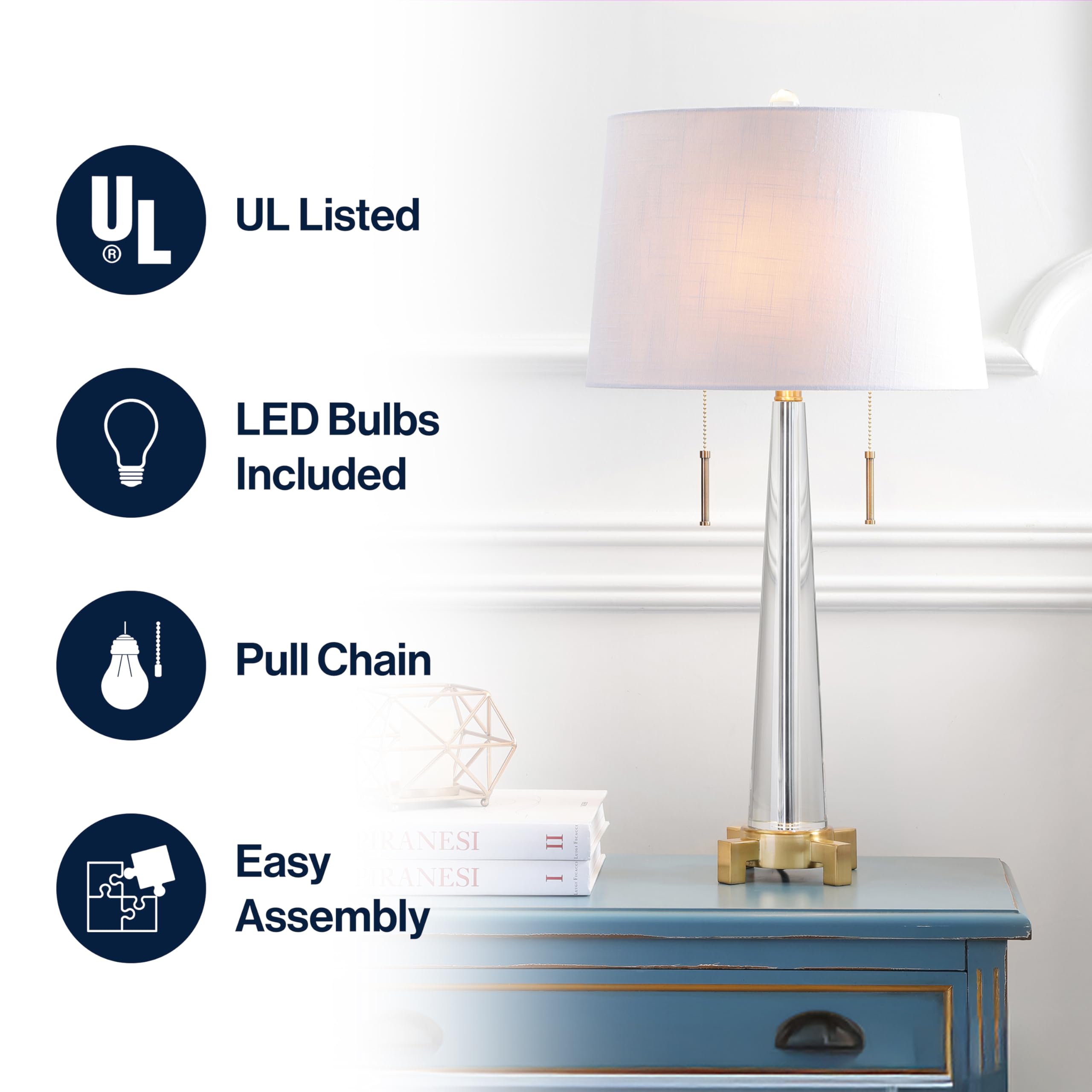 Jonathan Y Lámpara de mesa LED di cristallo da 29.5", trasparente/latón dorado, moderno, 2 luci, bombilla incluida