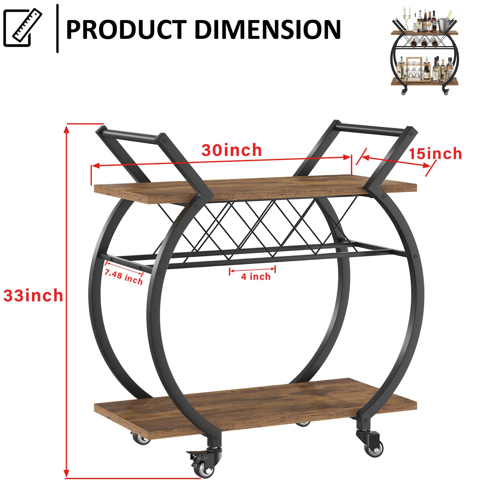 LVB Industrial Kitchen Bar Cart, Farmhouse Beverage Serving Liquor Cart with Wheels, Wood and Metal Rolling Wine Cart with Storage Shelf, Microwave Drink Cart for Home Living Dining Room, Rustic Brown