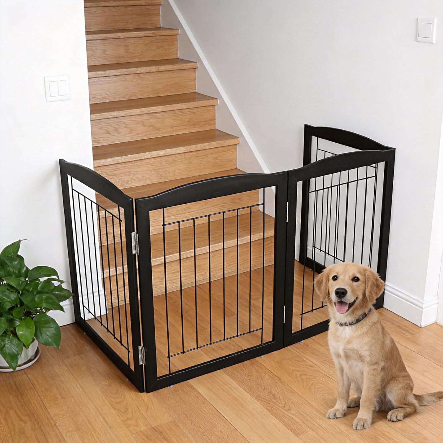 ZJSF Freestanding Foldable Dog Gate for House Extra Wide Wooden Black Indoor Puppy Gate Stairs Doorways Pet Gate Tall Dog Fence 3 Panels Fence