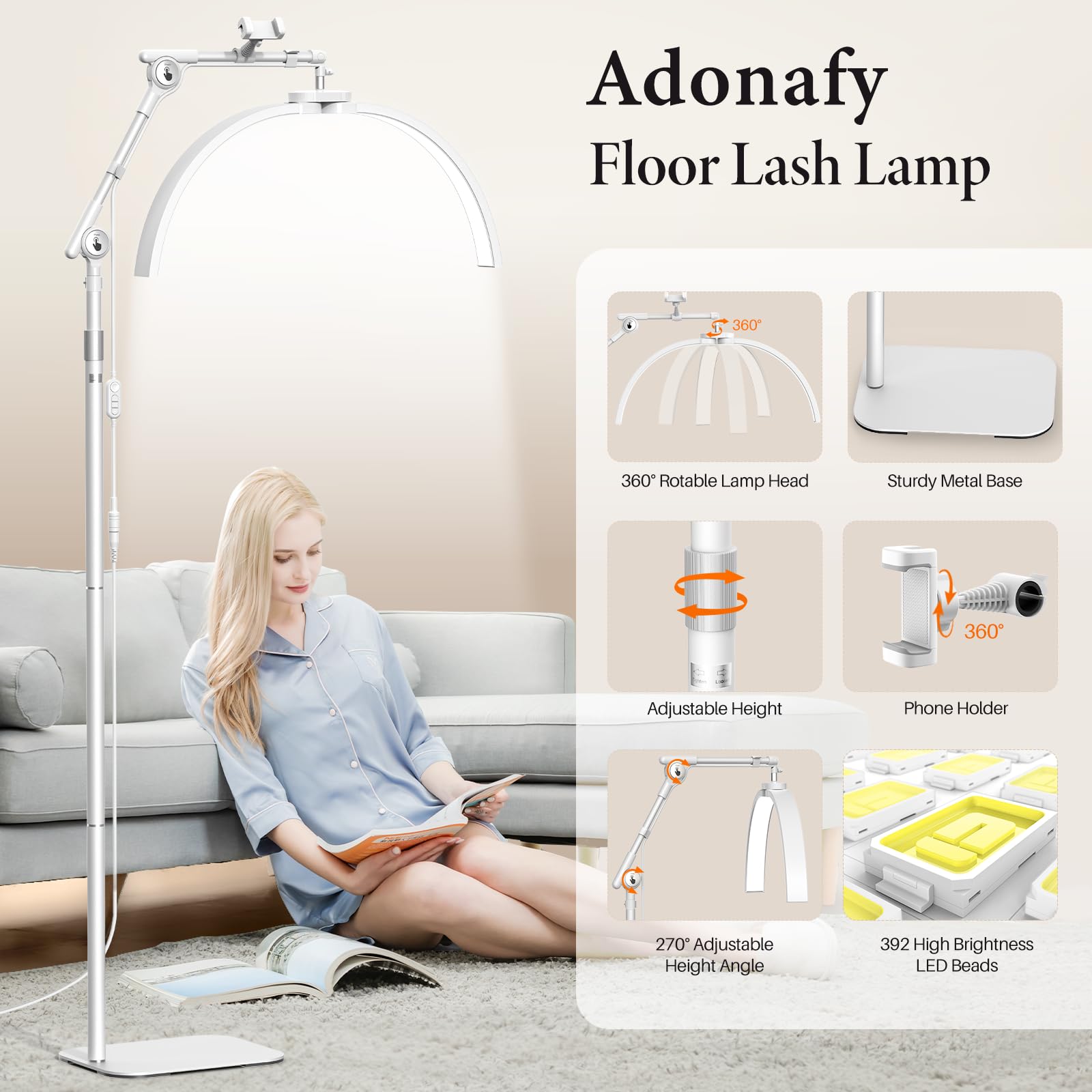 Lampara LED de pie para Pestañas: 28" Plegable Lampara Extensiones Pestañas LED - 3 Temperaturas de Color & Cabezal Giratorio 360° con Soporte para Cuidado Piel/Tatuaje, Blanco