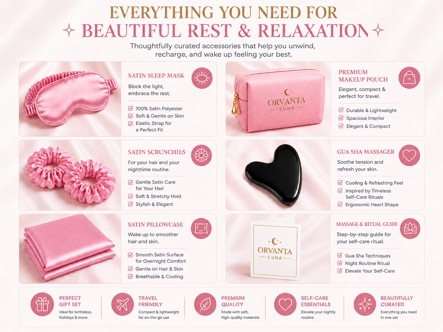 Luna Luxury Self Care Gift Set for Women – Satin Sleep Mask, Satin Pillowcase, Gua Sha, Satin Scrunchies & Travel Pouch (Blush Pink)