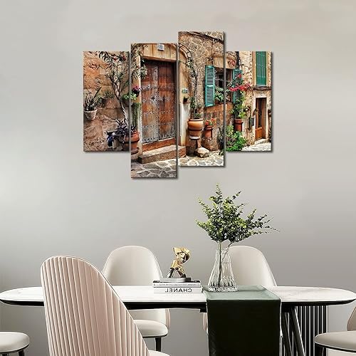 Miniatura 6 de Arte de pared de la Toscana de 4 paneles con calles de pueblos mediterráneos antiguos con flores, puertas y ventanas, pinturas impresas en lienzo,