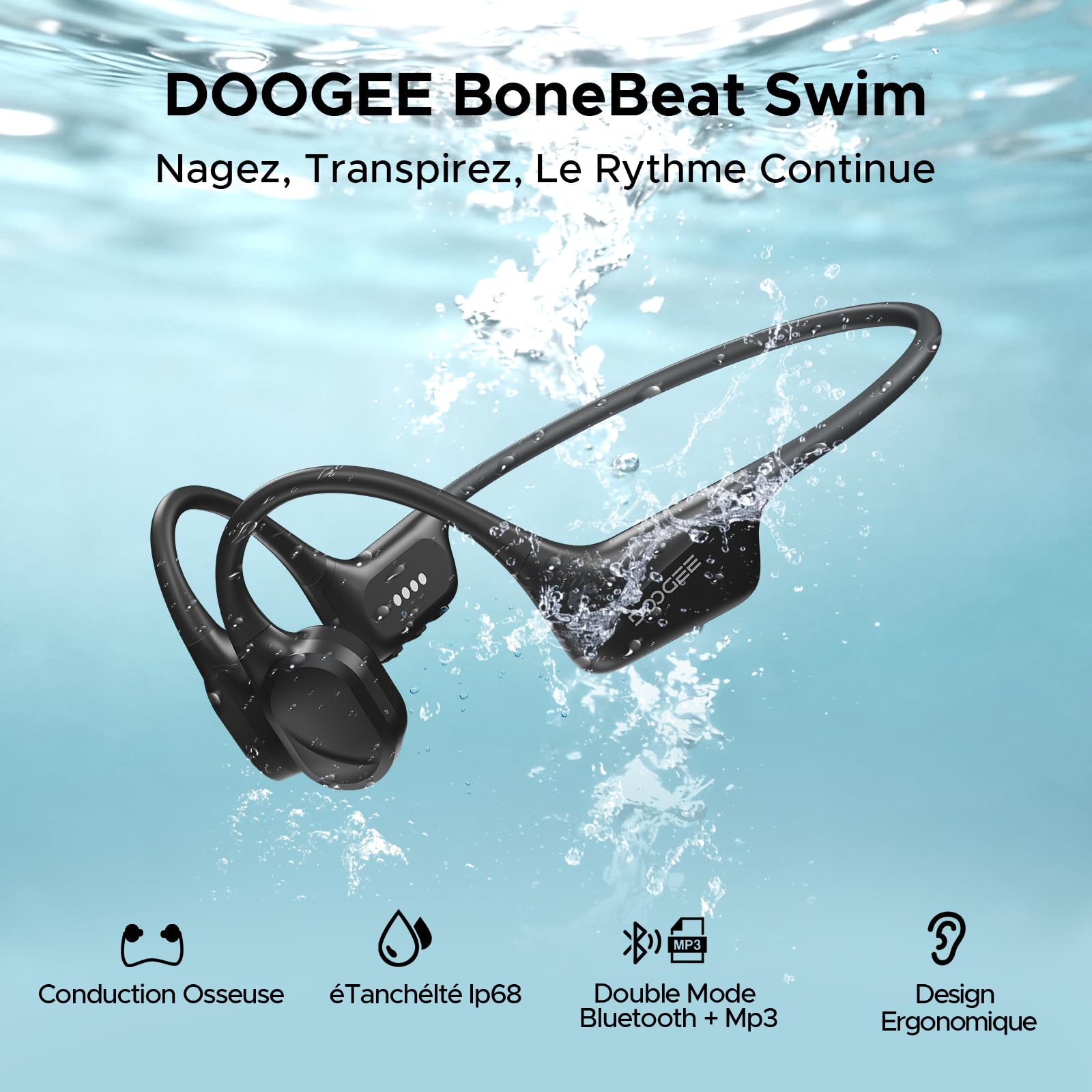 Casque à Conduction Osseuse,Étanche IP68 Écouteurs pour la Natation,10 Heures,Bluetooth 5.4 sans Fil 32 Go de Stockage,Mode MP3 Convient pour Le Cyclisme,La Natation et Le Fitness(Black)