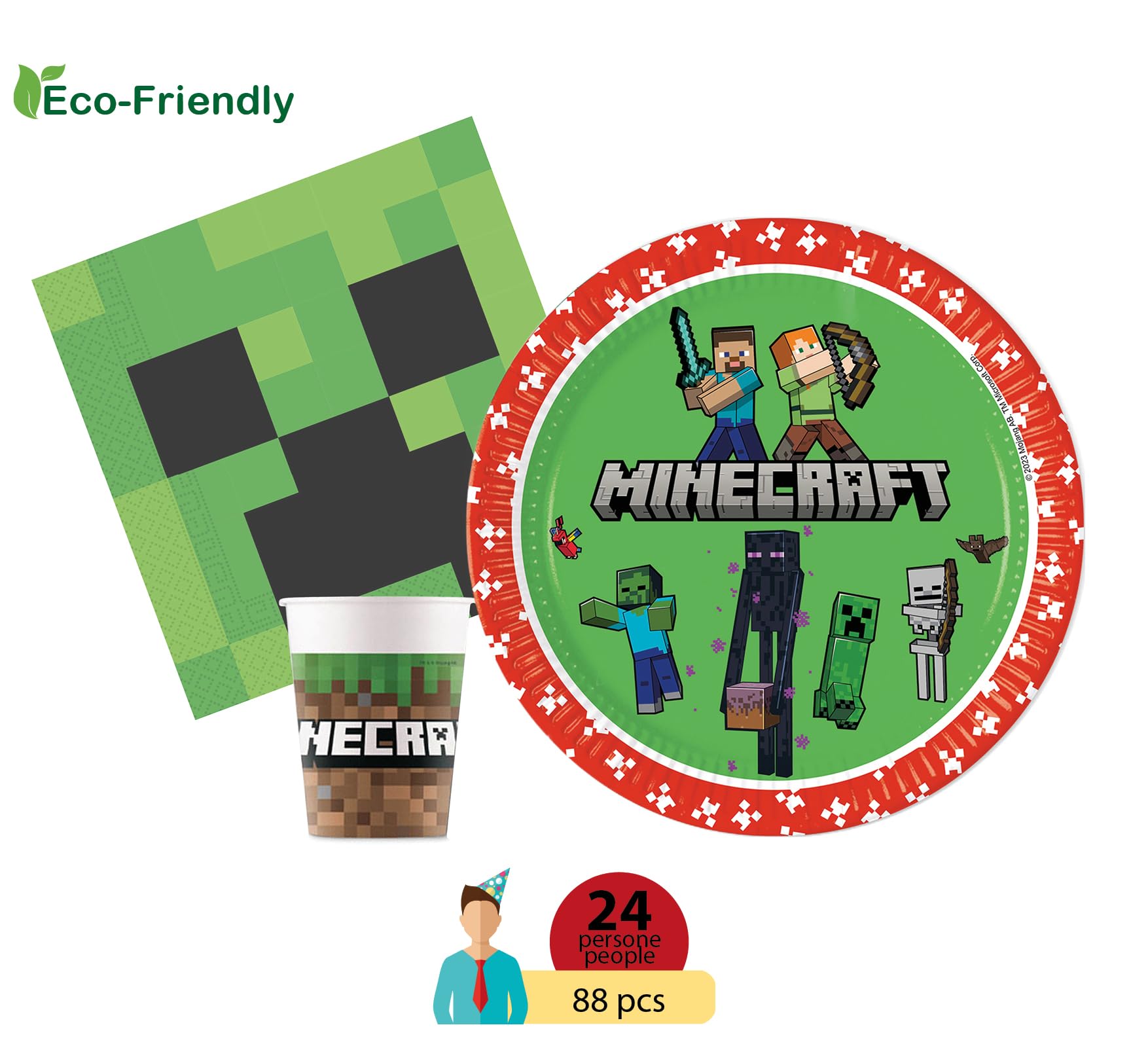 Kit Party Tavola Minecraft per 24 persone (88 pezzi: 24 piatti Ø23cm, 24 bicchieri 200ml, 40 tovaglioli 33x33cm)