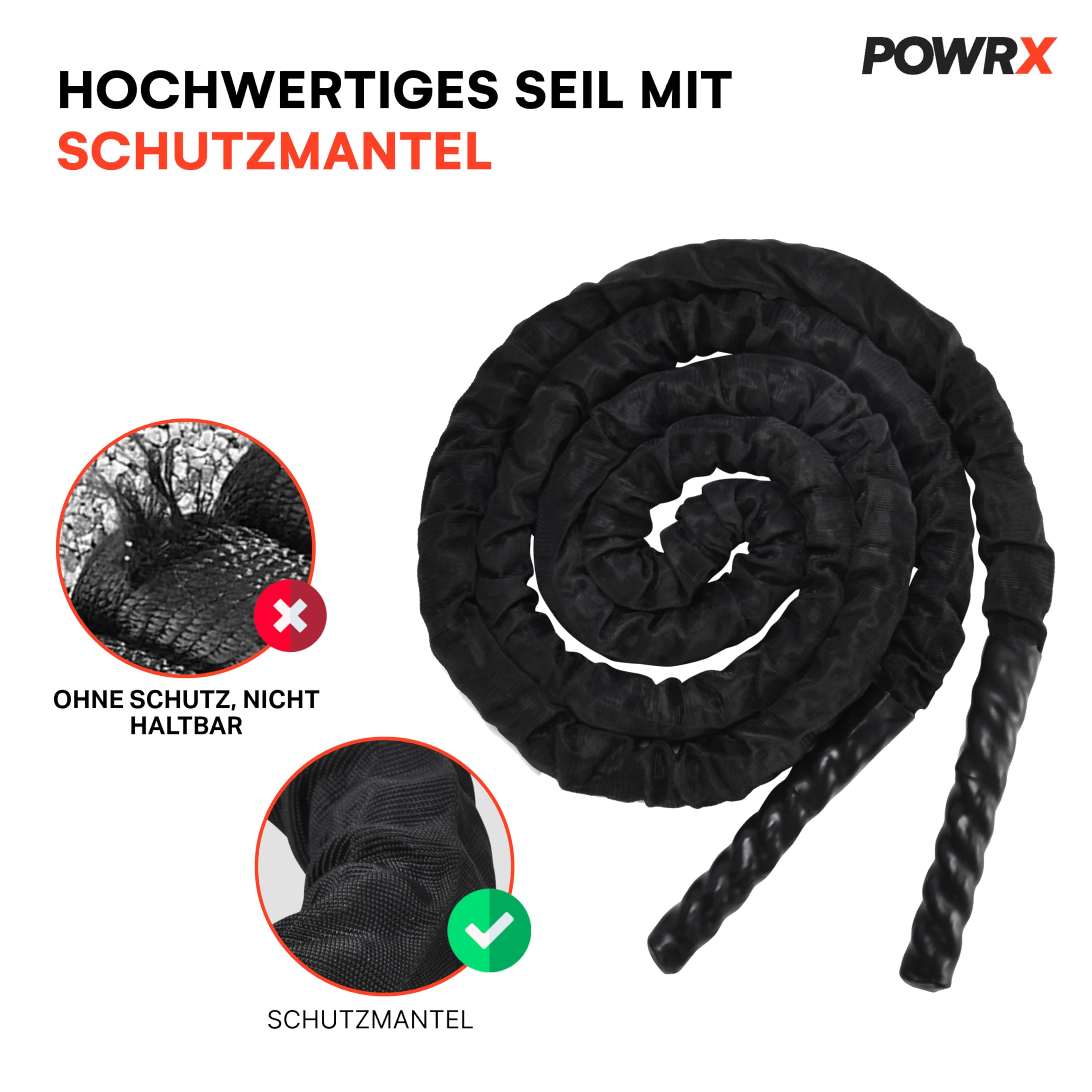 PowrX Battle Rope - Trainingsseil - Sports Schlachtseil - Fitnessseil - Indoor und Outdoor Muskelaufbau - Übungsseil für Krafttraining -