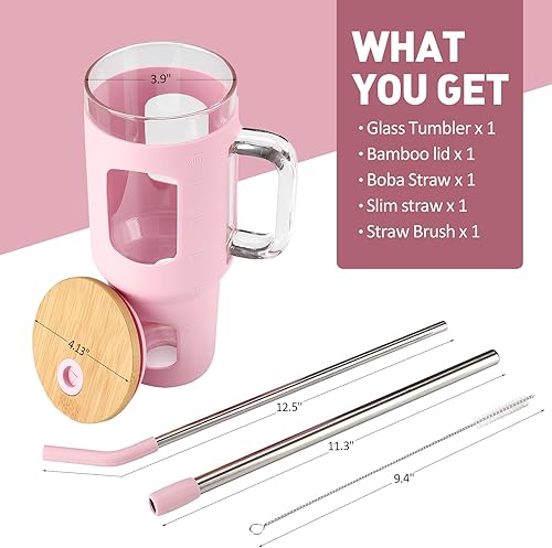 Miniatura 3 de Vaso de vidrio con popote y tapa, taza de vidrio de 40 oz con asa, botellas de agua de vidrio con marcador de tiempo, funda protectora de silicona,