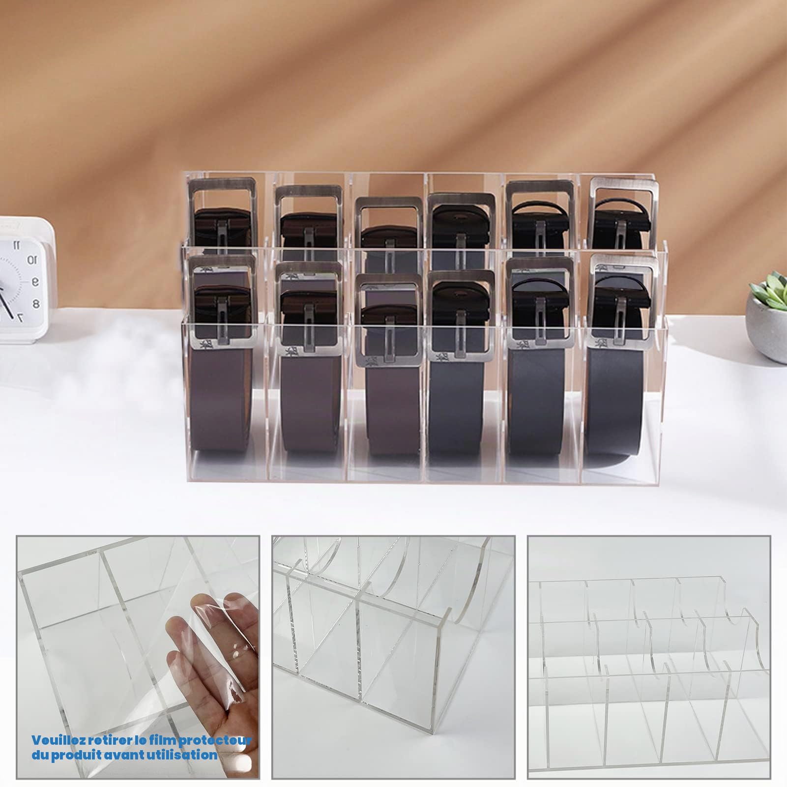 YEXEXINM Organisateur de ceintures, 12 compartiments, porte-ceinture, en acrylique, transparent, pour homme et femme, pour accessoires, cravate, montres