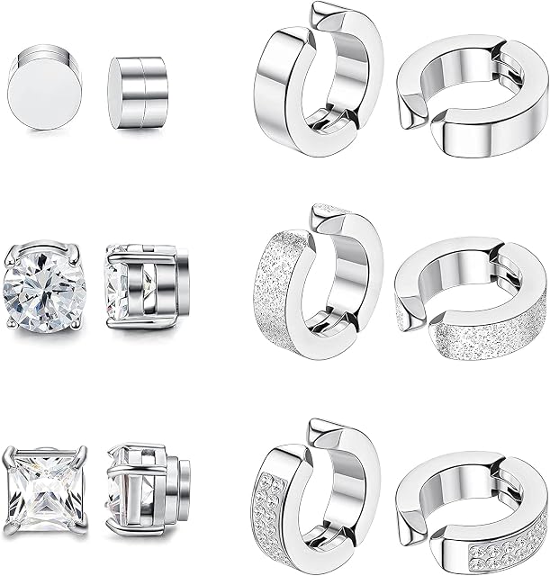 MILACOLATO 6 Pairs Stainless Steel Magnetic Stud Earrings for Men Women Hoop Earrings Clip On Non-Piercing Earrings CZ Hypoallergenic Magnet Earrings Set Male