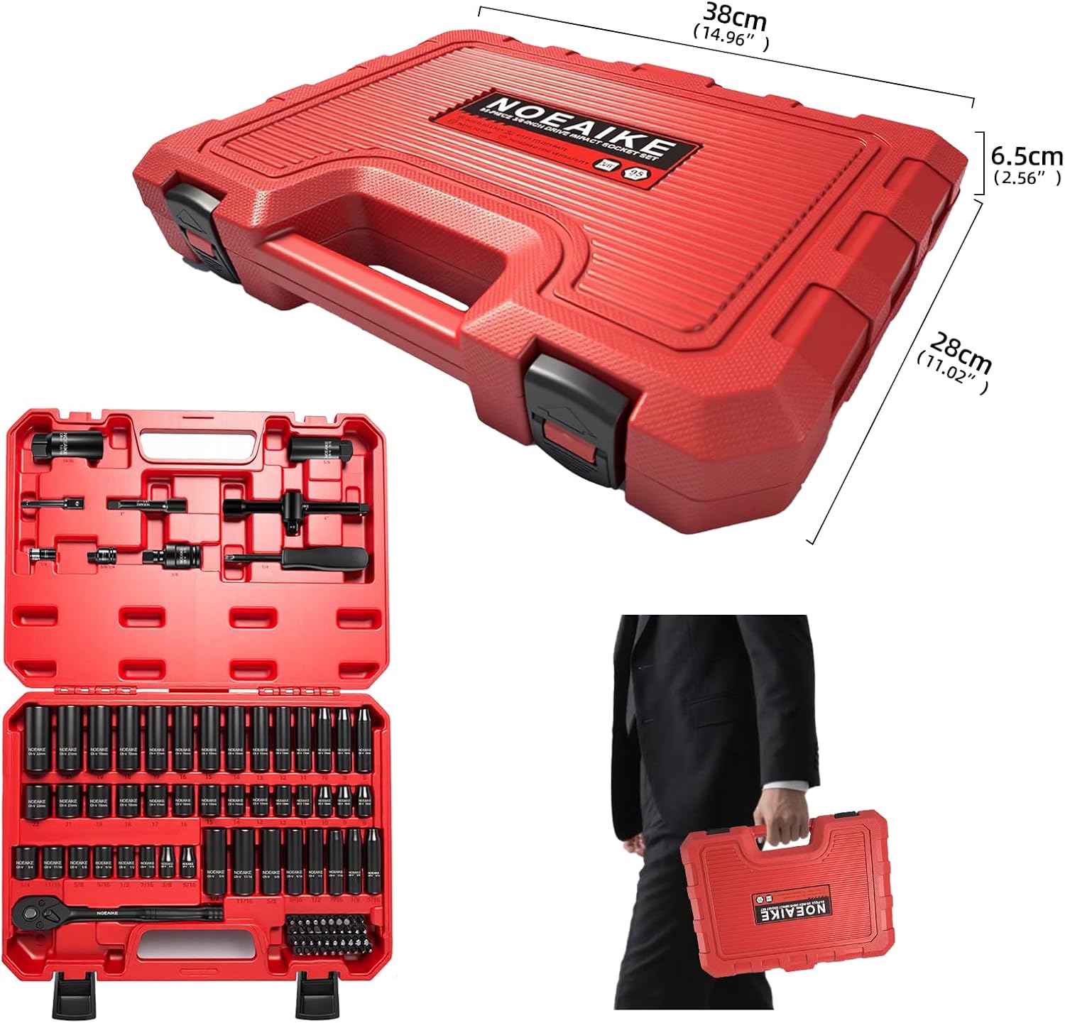 95Pcs 3/8-Inch Drive Impact Socket Set,Cr-V Deep&Shallow Sockets Size 8mm-22mm&5/16"to 3/4"6-Point,Includes Extension Bar,Universal Joint,Screwdriver Bits,Spark Plug Socket and Ratchet Handle