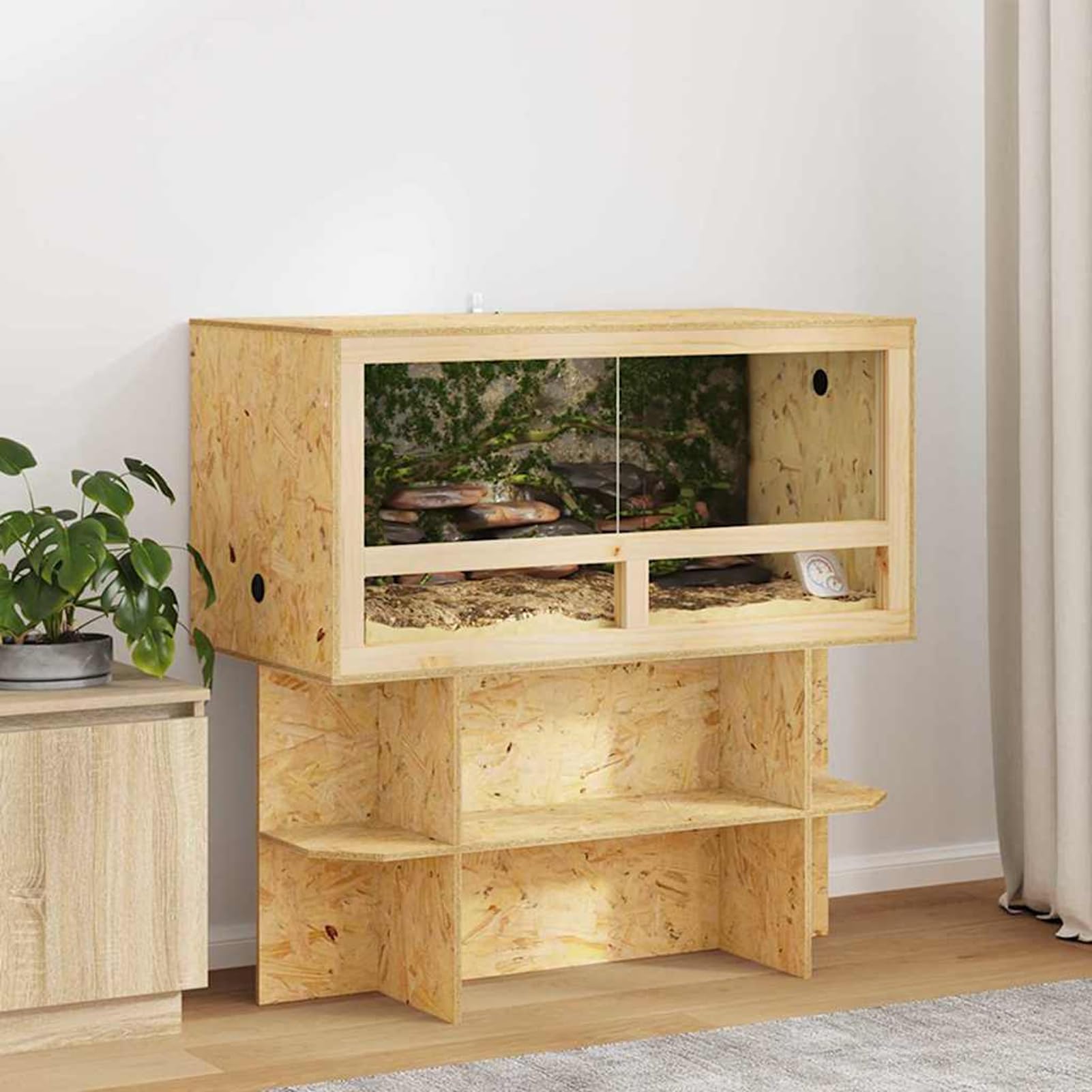 Terrario OSB Rustico per Rettili Roditori 100x50x100 cm Vetro Porta Scorrevole Scaffali Flottanti con Termometro e Base