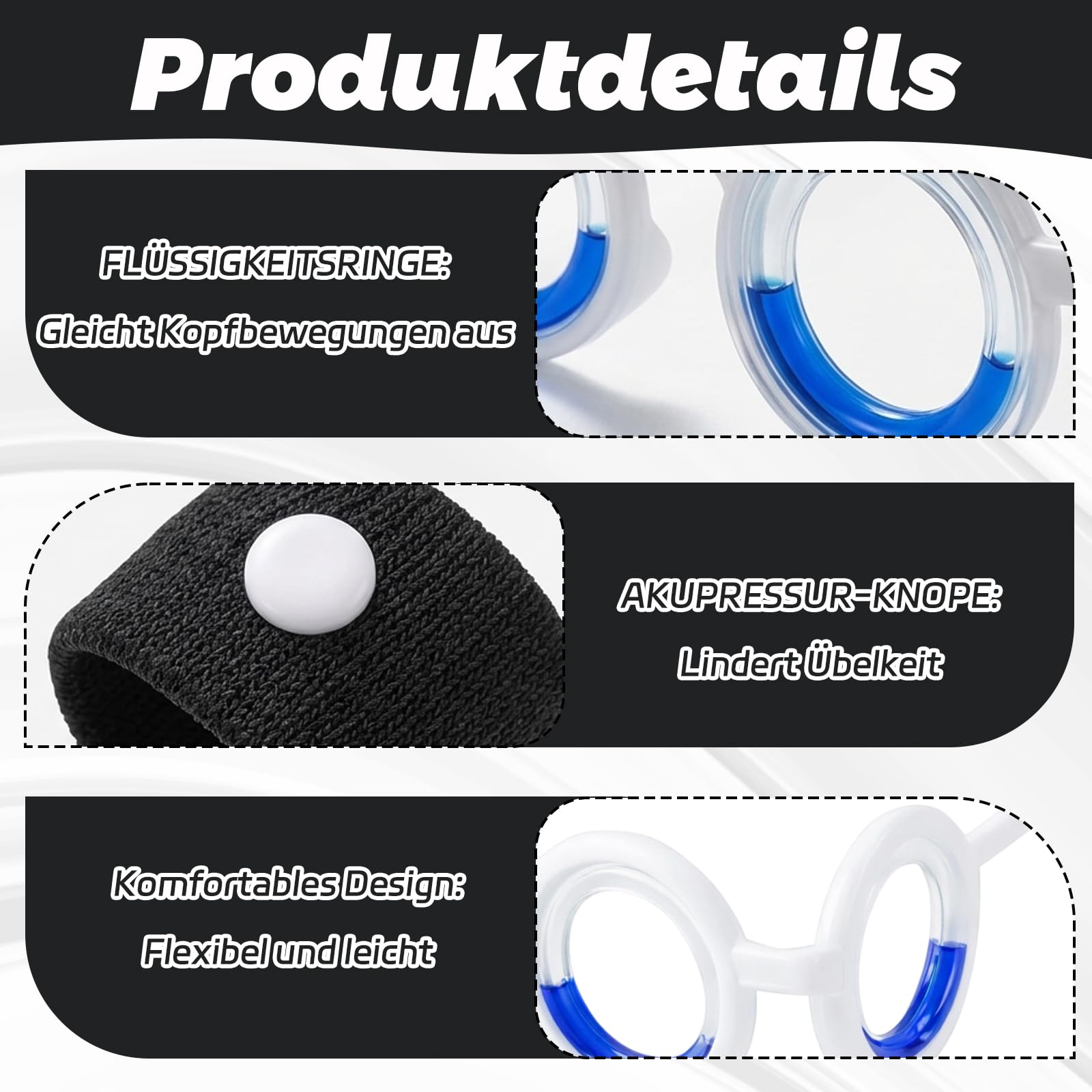 Brille Gegen Reiseübelkeit, 4-Teiliges Set Mit Trageetui Und Akupressurarmbändern, Ideal Für Autofahrten, Flugreisen Und Schifffahrten, Leichtes Design Für Langen