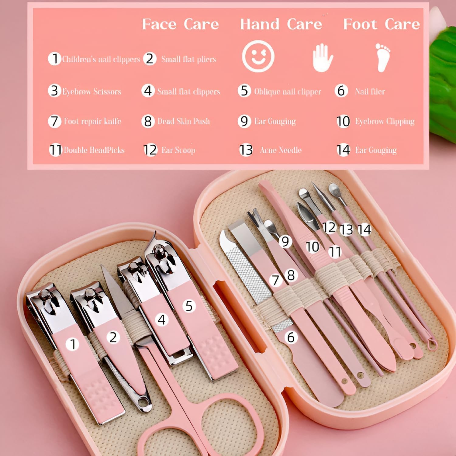 CEPLO 14-Piece Manicure Set Nail Clipper Kit β Stainless Steel Nail Care Tools for Hands & Feet, Professional Grooming Kit for Men & Women, Sharp Toenail & Fingernail Clippers, Travel Gift Set (PINK) 2