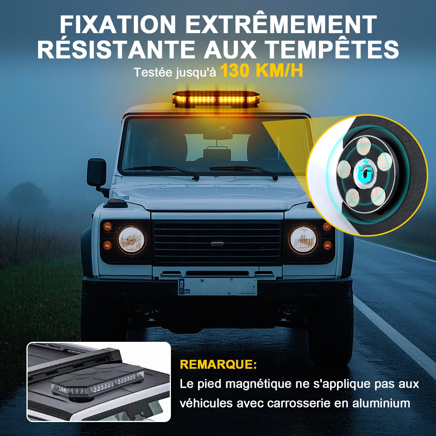 Gyrophare 42 LED Magnétique 12-24V, Câble 3,8m, Jaune | Étanche IP68, 38 Modes à Mémoire, Prise Allume-Cigare, Visibilité 610 Mètres, pour Chantier et Tracteur