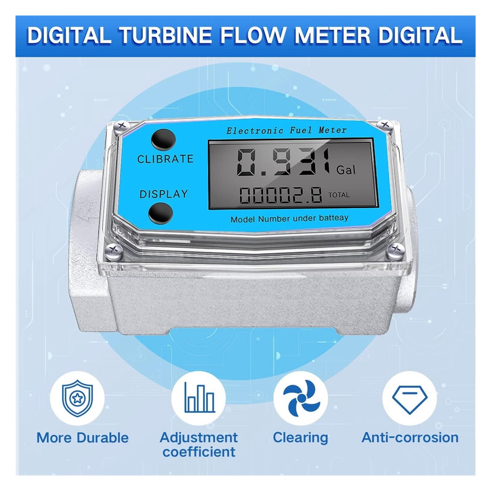 Flow Sensor Meter Digital Pipeline Water Flow Digital Water Flow Meter Digital LCD Display with NPT Counter and FNPT Thread Gas Oil Fuel Flowmeter (1 Inch)