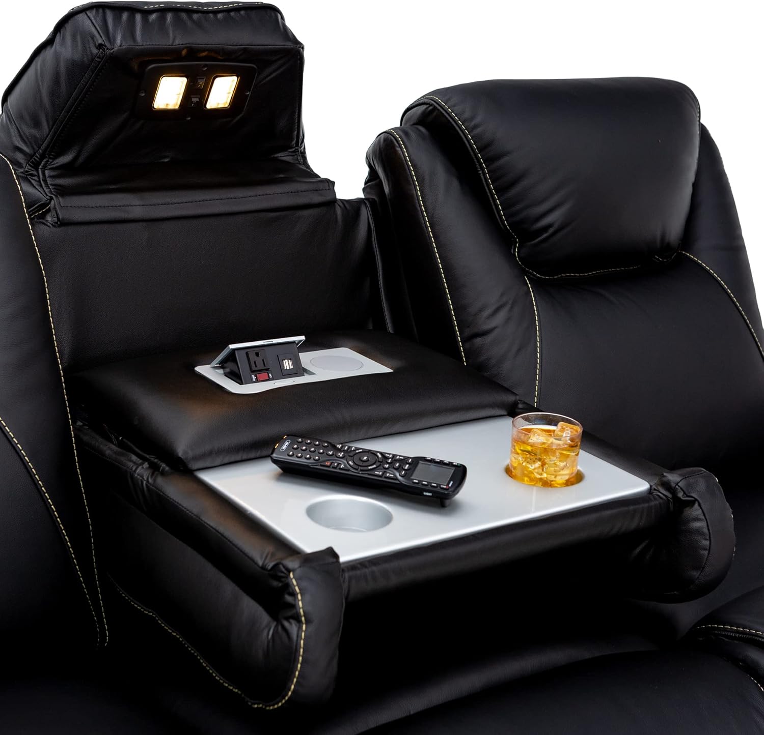 Seatcraft Concerto Heat & Massage, Italian Leather Sofa w/Fold-Down Table, Power Headrest, Power Recline, Black