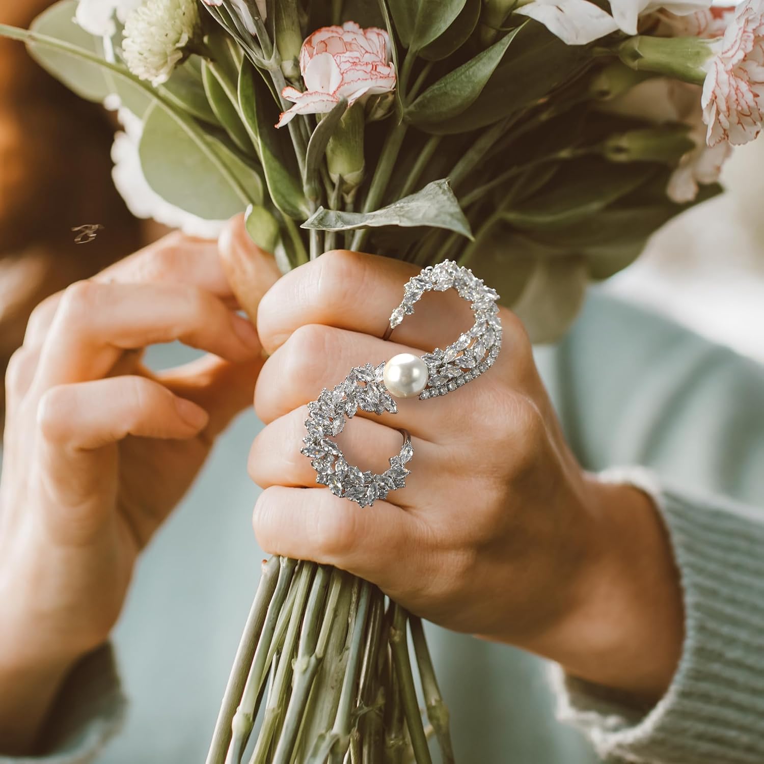 Statement Ring for Women, Silver CZ Hand Palm 3 & 4 Finger Ring Bracelet Unique Leaf Design Full Finger Ring Jewelry Gift for Women Adjustable Size