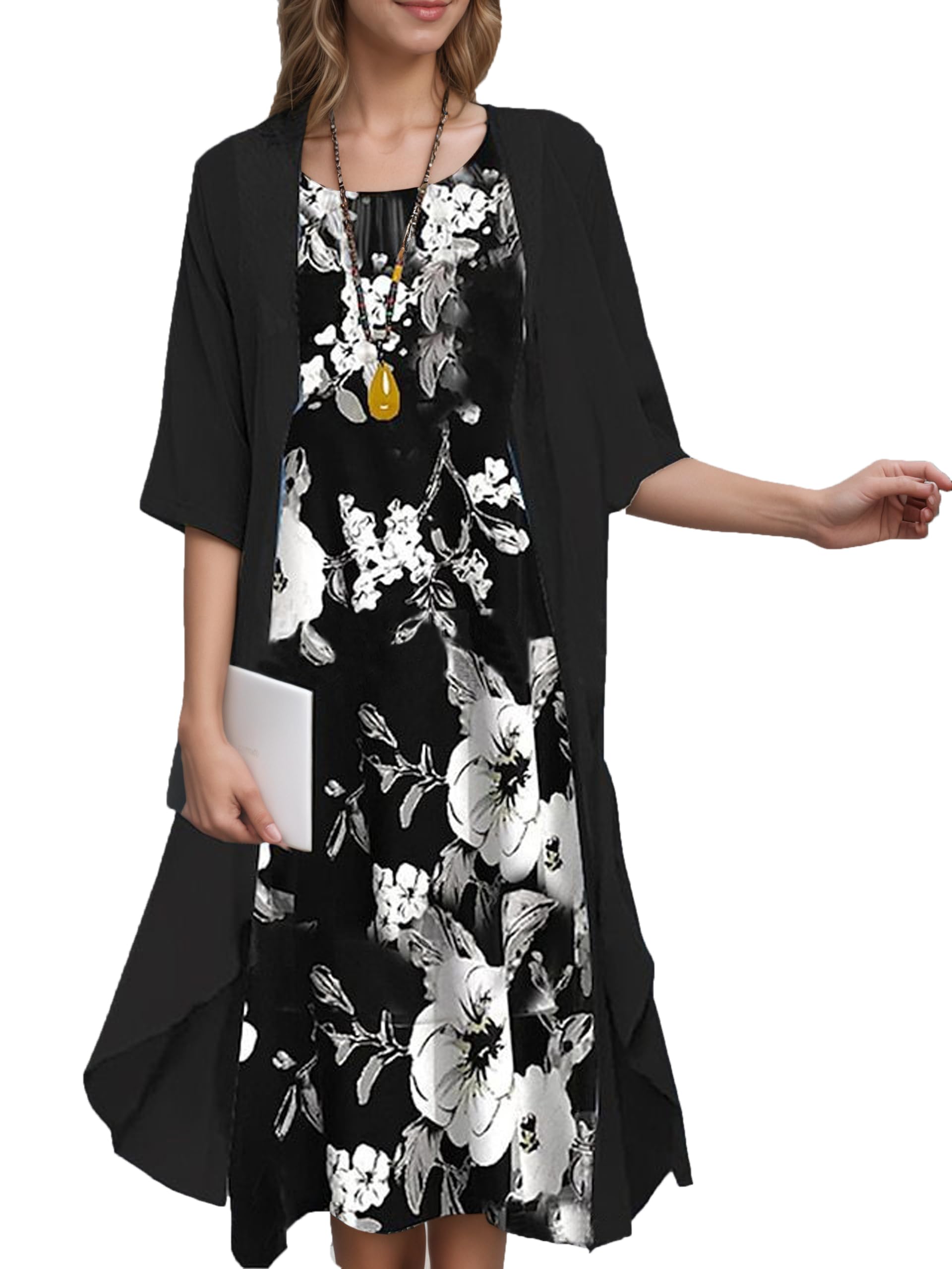 Womens Floral Flowy Boho Floral Midi Dresses with Jacket Elegant Wedding Guest Chiffon Cocktail Dress 2 Piece