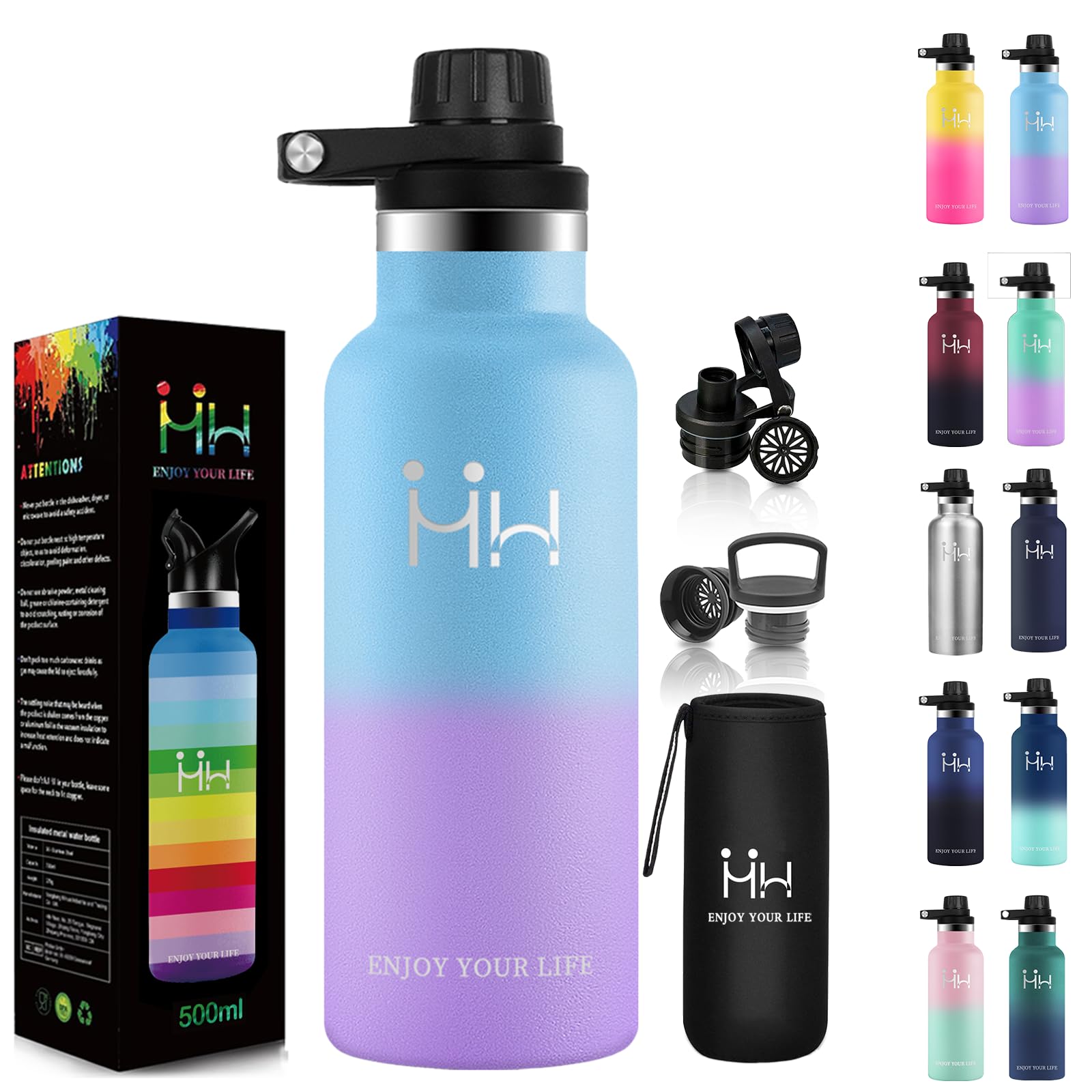 KollyKolla 水筒 500ml 直飲み ステンレスボトル 水筒 シームレス 大容量 洗いやすい 自転車 ボトル 魔法瓶 コーヒー 炭酸対応 おしゃれ 真空断熱 男の子 保冷 保温 子供 女の子