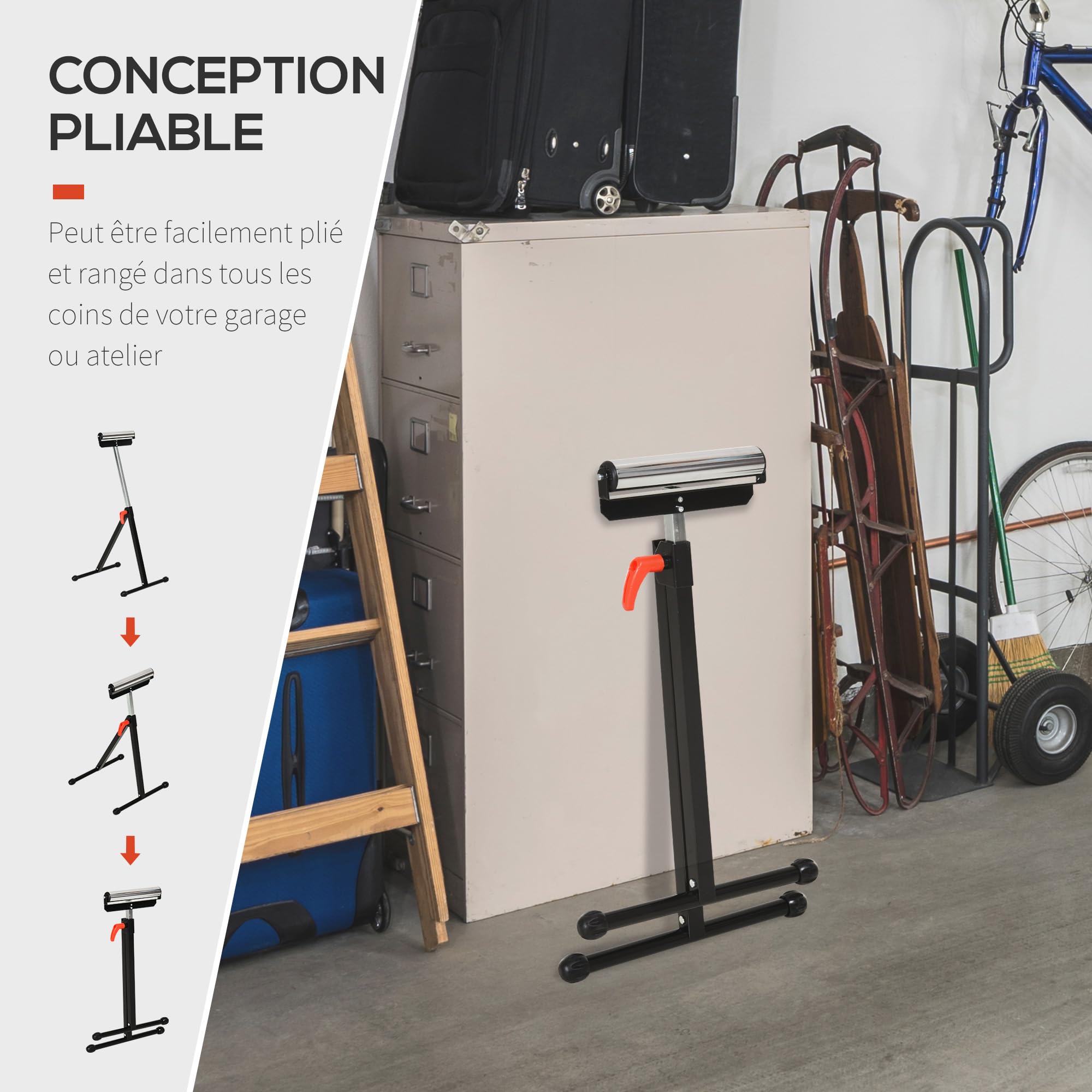 HOMCOM Servante d'atelier à rouleau pliable, lot de 2 supports avec rouleau hauteur réglable 68 à 110 cm, charge max. 90 kg, support de rouleau à billes, noir