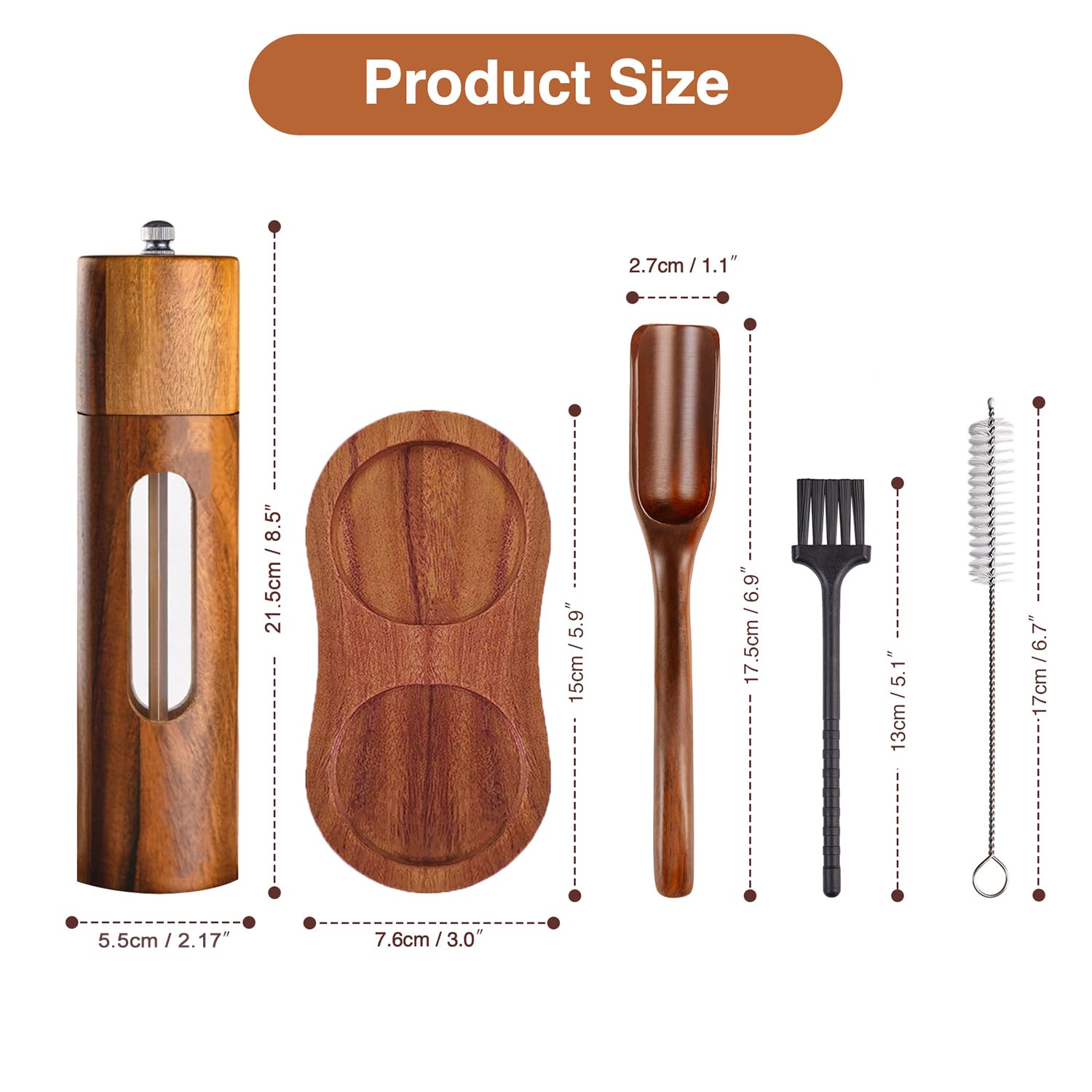 Molinillo de pimienta de madera, molinillo manual de especias, sal y pimienta, con mecanismo de cerámica, juego de 2 unidades, con plato para pimienta, sal, especias, altura 21,5 cm