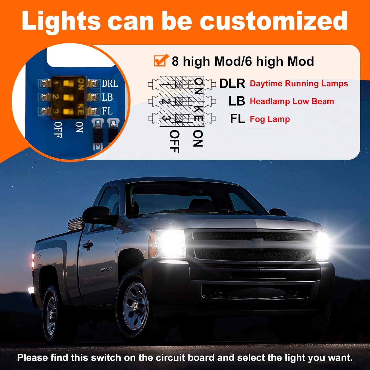 8 high Mod Customizable 6 High Mod with DRL Lights Module for GM Compatible with 2003-2007 Chevy Silverado GMC Sierra 1500/2500/3500 Classic